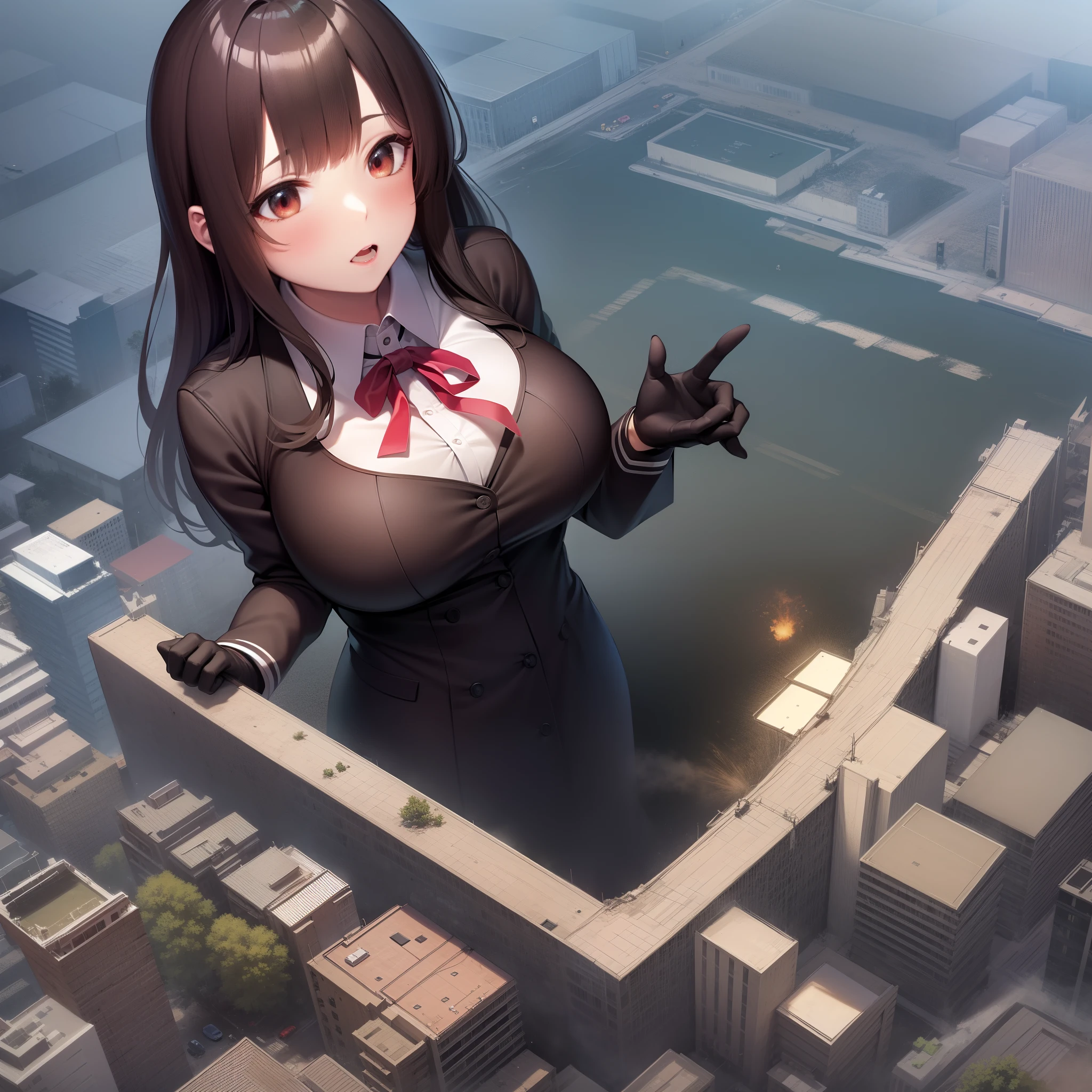 jk school uniform, giantess, 160 meters high girl, giga, black long hail, red eyes, big breasts, black gloves, broken wall, buildings, city,