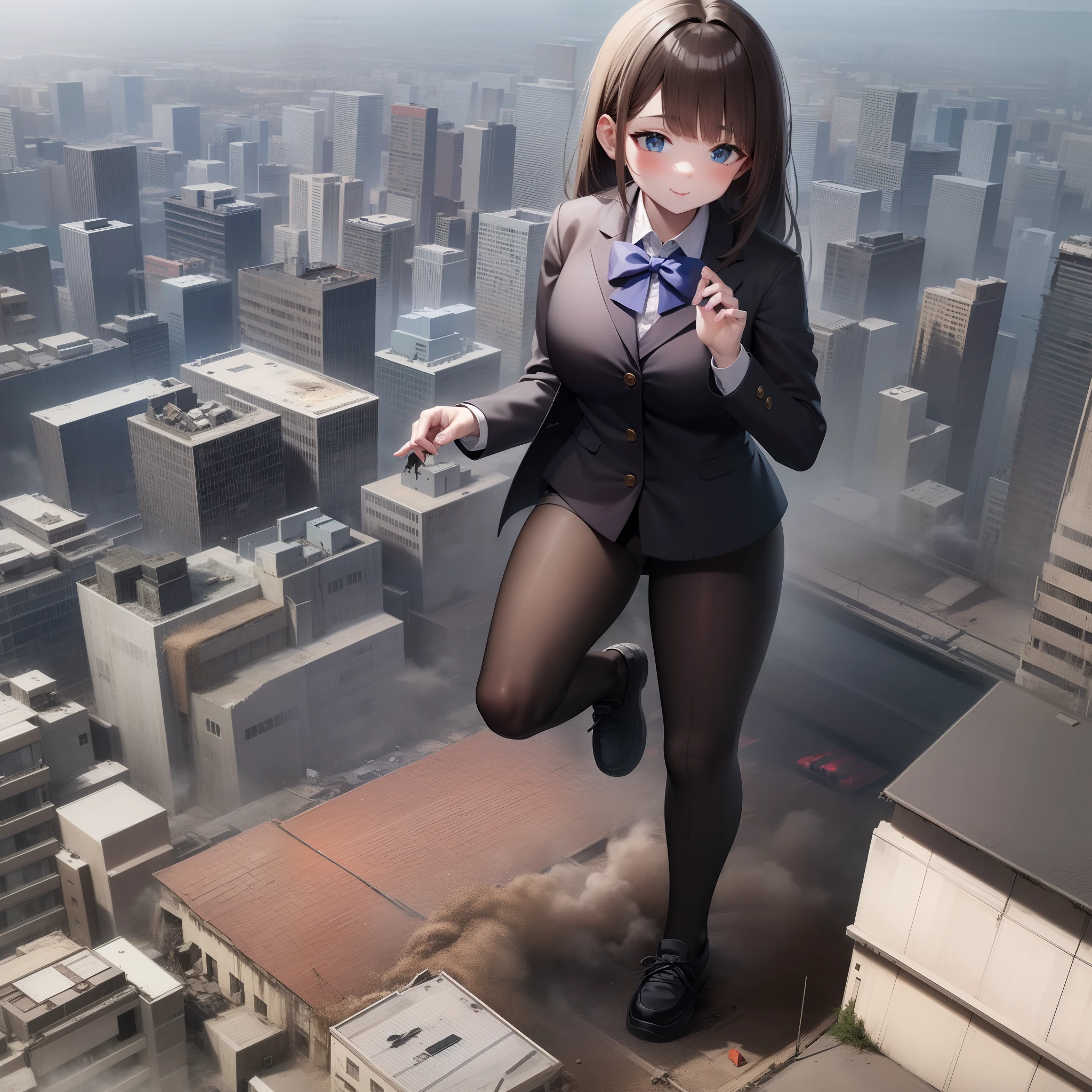 1girl, Solo, 50 meters tall, Bigger than the building, long hair, brown hair, bangs, blue eyes, Blazer, white shirt, black bow, Black pleated skirt, Black Loafer shoes, Sneakers, Light smile, Naughty, Anatomically correct, Textured skin, GTSCity, Destroyed buildings, City model,