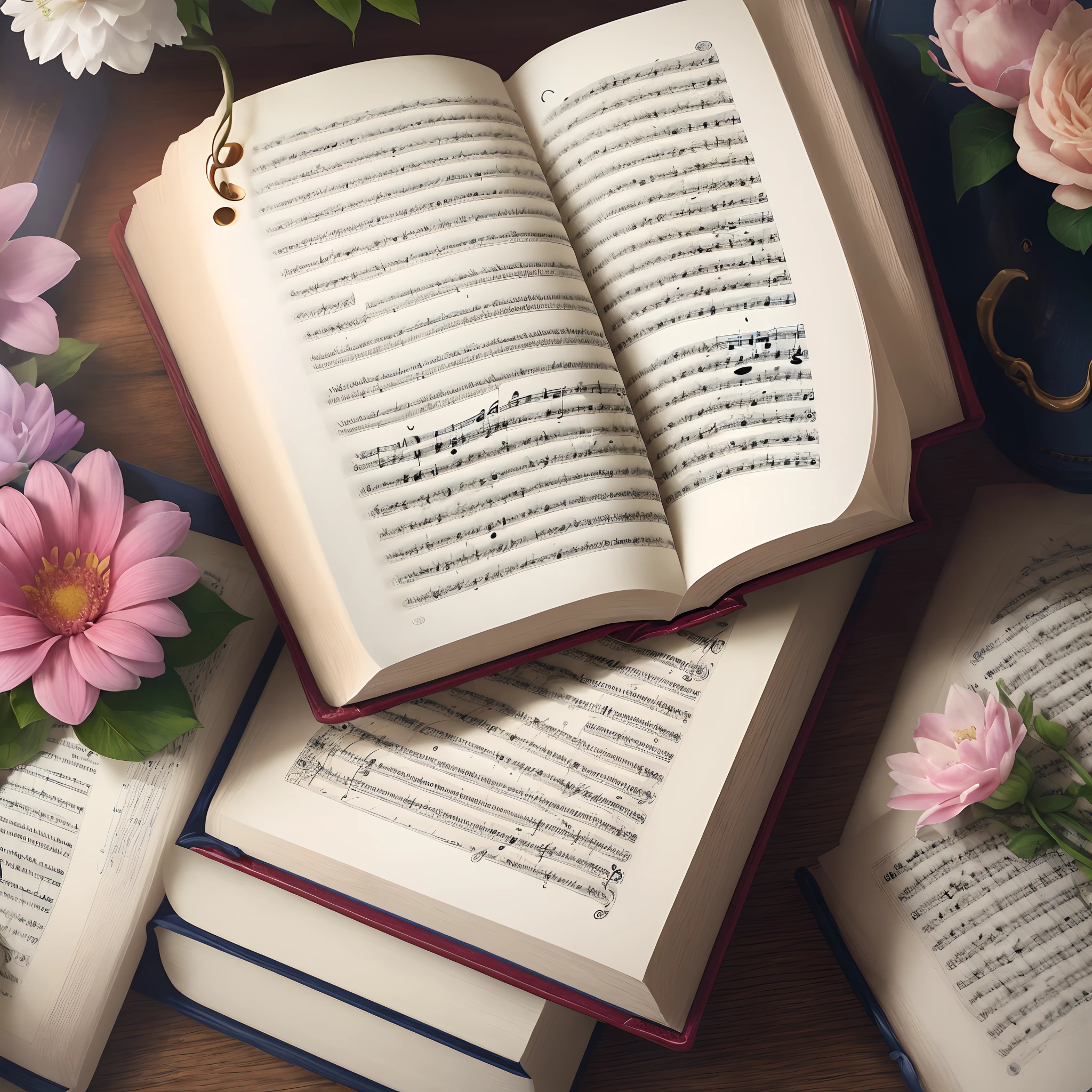Realistic photo of book opening and between the pages coming out musical notes and flowers