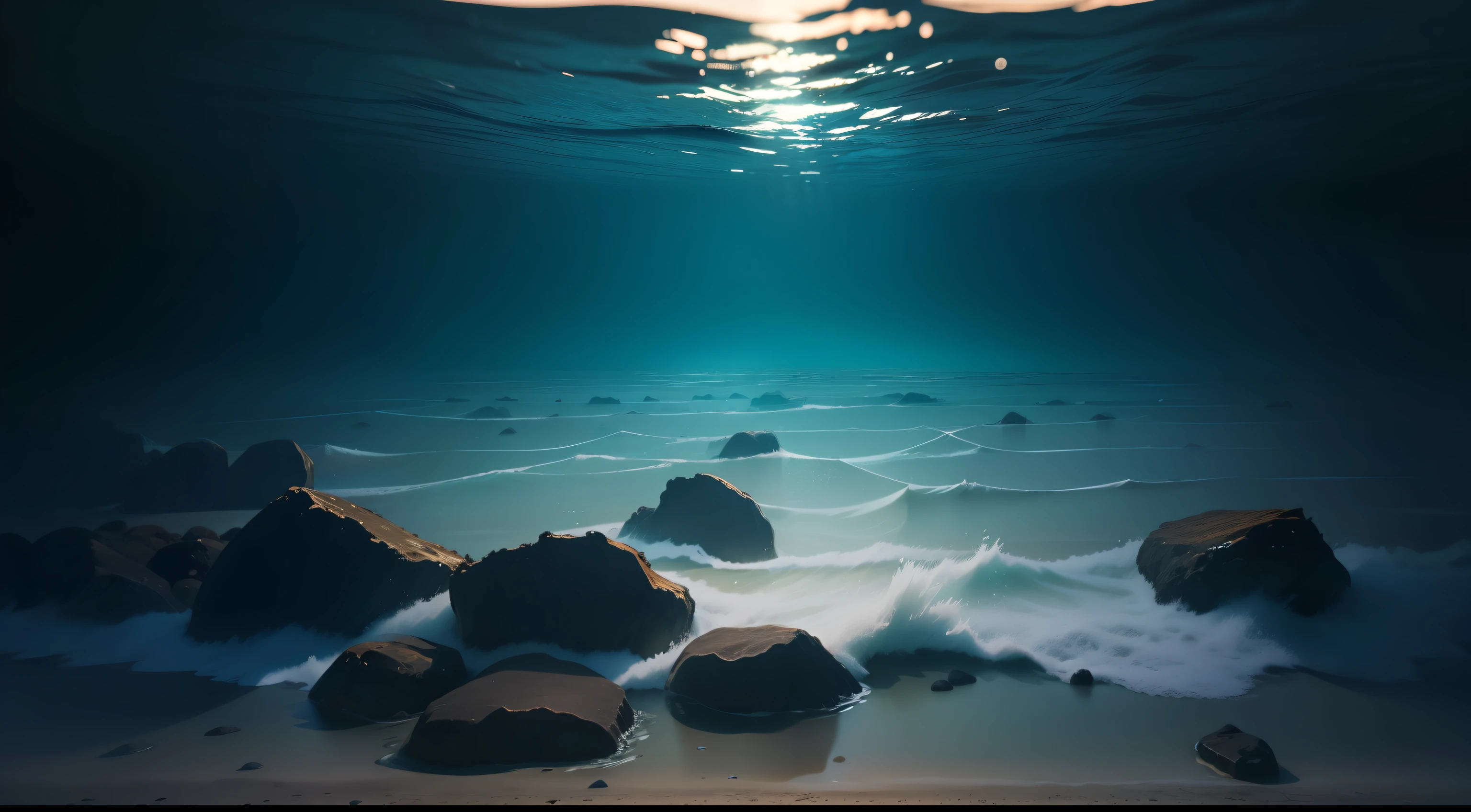 ocean floor，There is light on the surface of the water，There is a small amount of seaweed at the bottom of the water