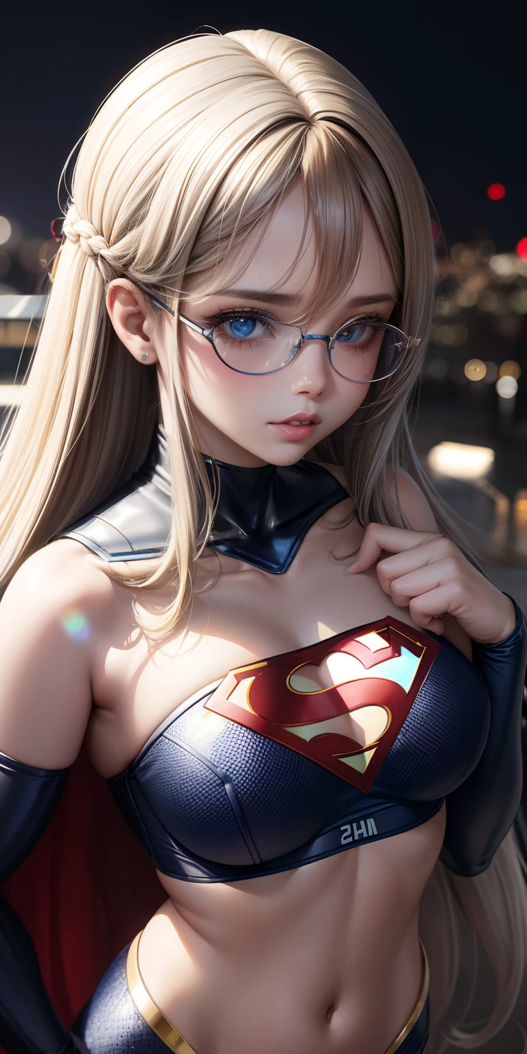 realista, 1girl, cabelo loiro, olhos azuis, olhos brilhantes, Top Cropped, Saia, half-open lips, corar, noite, flor, piso, Light Chãoar, wearing superman's S symbol on his chest.