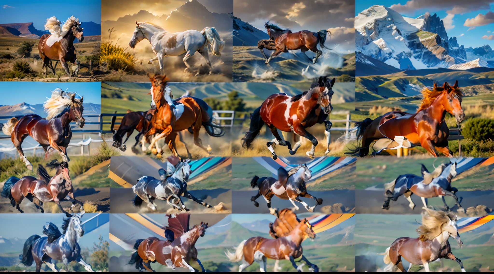 8horses,Ultra-grand scenes,super wide shot,1#cavalos,2#cavalos,3#cavalos,4#cavalos,5#cavalos,6#cavalos,7#cavalos,8#cavalos。Eight extremely special and rare horses surround each other,A large herd of horses galloped ahead,Gallop across the steppe like a clock。The vast plains of the epic scene are rich in aquatic plants,In the distance is the snow-capped summit of Mount Everest,Snow creek flows into the sea,At the other end is the magnificent giant city,The horse team entered and exited from the direction of the city gate。The first is the Light Casting Pegasus from the Supreme Heaven, which has a rainbow aperture from the Supreme Heaven,She rides between light and pure,No additional ornaments are needed to highlight her dignity and holiness,Even the sky showed her a clear sky,She has a deep enmity with the nightmare heavy ride from hell,The two never put their heads next to each other。Surrounded by sulphurous flames, the Hellmare Heavy Ride makes every time a horse's hooves fall, stepping flat grass out of the lava from the ground。The sky of the steppe is brighter because of the rainbow,And lava makes the earth deeper。The wind wings of the wind elf horse let its position be erratic,She carries a cyan aperture lightly and always can't help but tease the mechanical horse。The mechanical horse is full of mecha beauty,The shoulder back position always reveals delicate mechanical fittings,Four kicks with a hydraulic pump and electromagnetic ejection device。Unicorns want to steal all the horses' limelight with their pure and flawless beauty,Her unicorn flashed with the power of thunder。But on the side, the fairy dragon horse is comparing with it,The fairy dragon is full of small stars shining with magical brilliance。Their unique elven-patterned armor and colorful saddles make them the most stylish horses。The female knight is charging on her knightly warhorse,Her lofty ideals made her will unstoppable,There is no doubt that she is the protagonist of this picture。And a chaotic
