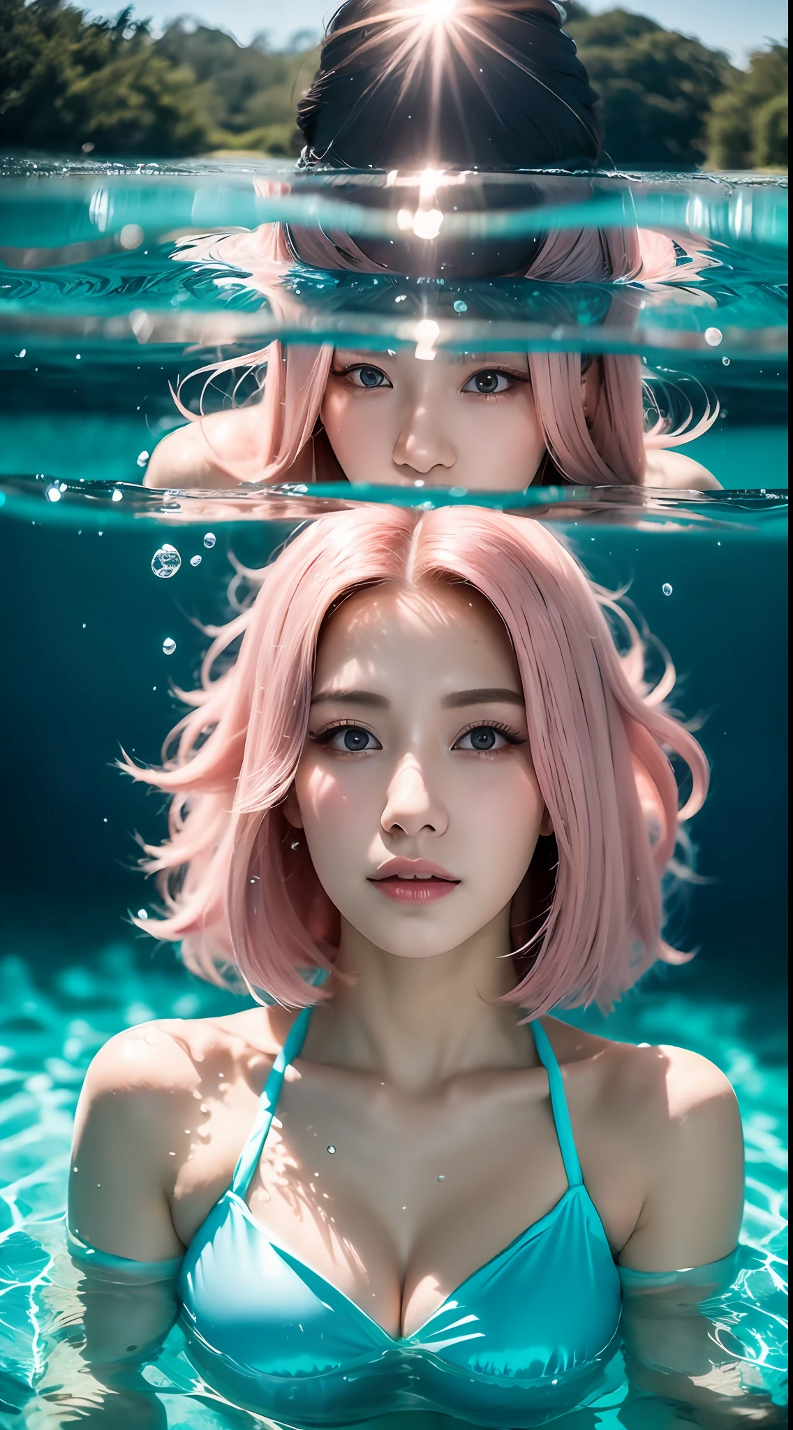Best quality,tmasterpiece,Partial underwater photography,Reflectors,Pink-haired girl,messy hair,Floating cheongsam,Water drop texture detail,and the sun was shining brightly,shiny skins,sunflare