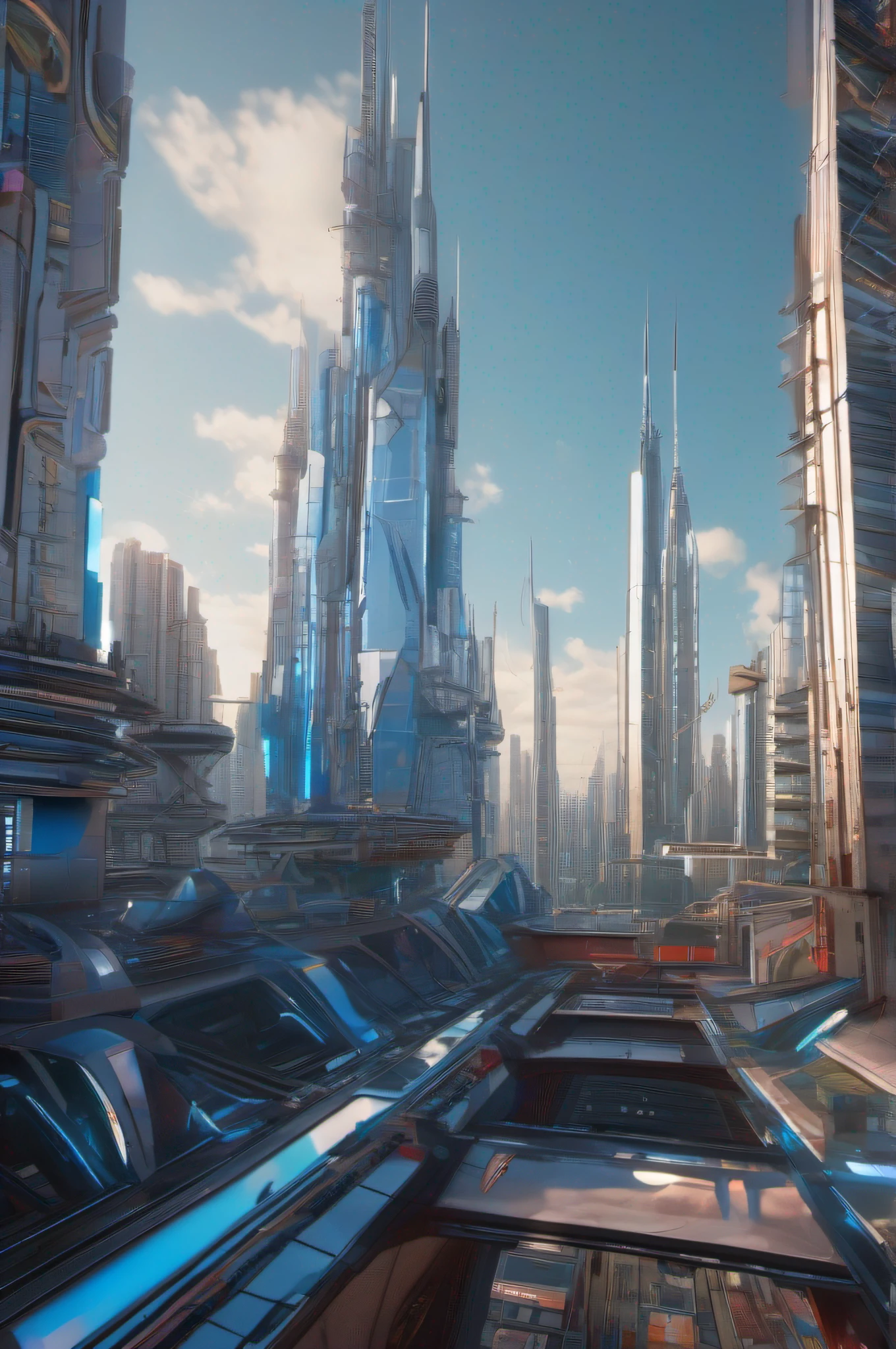 Orthographic Futuristic cyberpunk city skyline at daytime, intricate details, vibrant, blue sky, metallic buildings. art by JosanGonzalez, JimBurns, PeterElson, Peter AndrewJones and AtelierOlschinsky. UHD, 4k, Redshift render