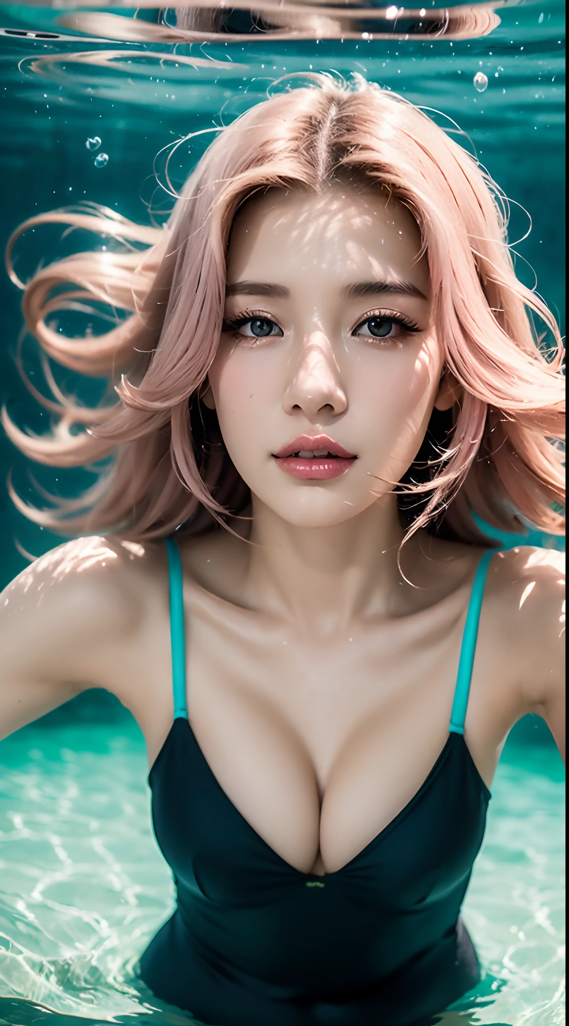 Best quality,tmasterpiece,Partial underwater photography,Reflectors,Pink-haired girl,messy hair,Floating cheongsam,Water drop texture detail,and the sun was shining brightly,shiny skins,sunflare