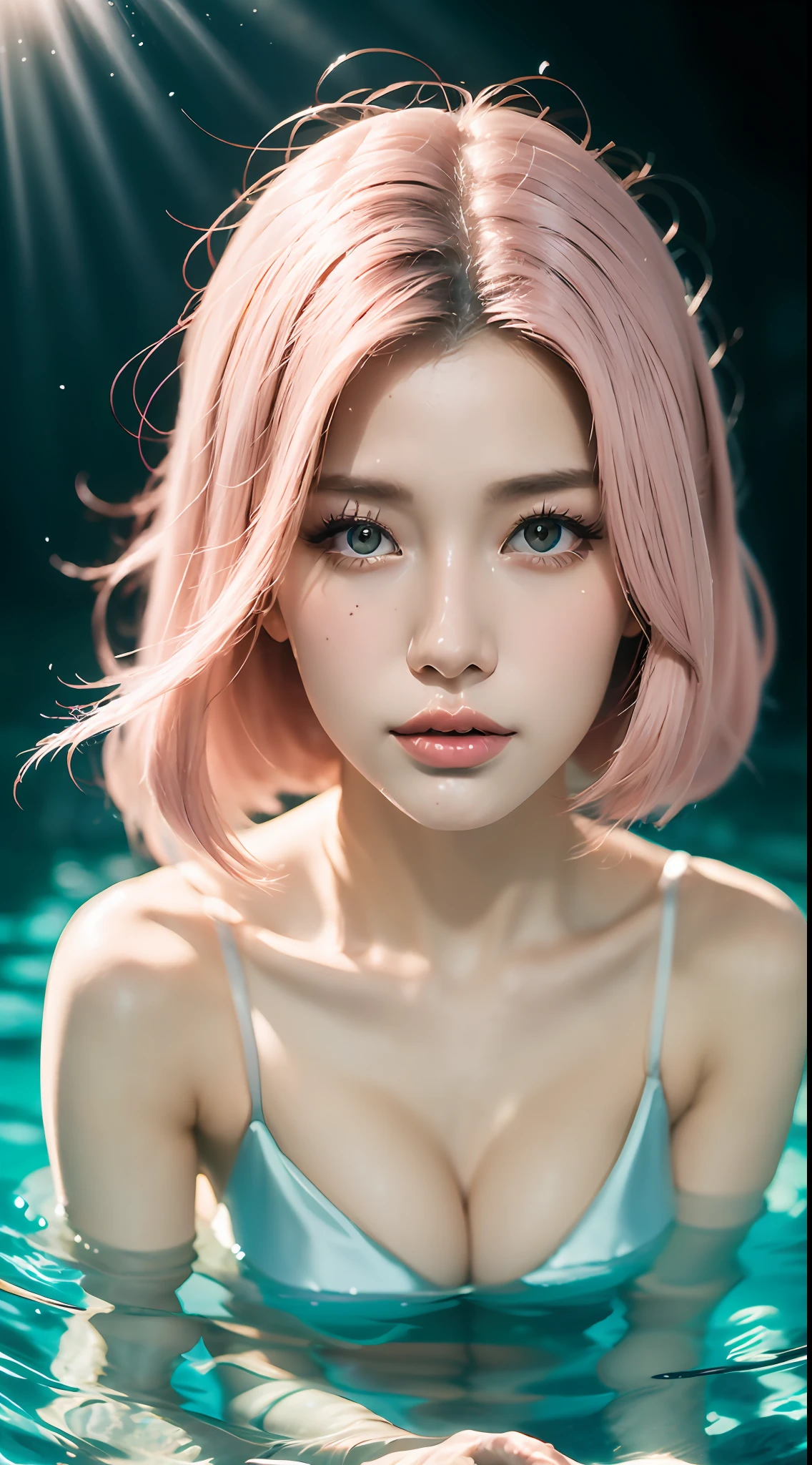 Best quality,tmasterpiece,Partial underwater photography,Reflectors,Pink-haired girl,messy hair,Floating cheongsam,Water drop texture detail,and the sun was shining brightly,shiny skins,sunflare