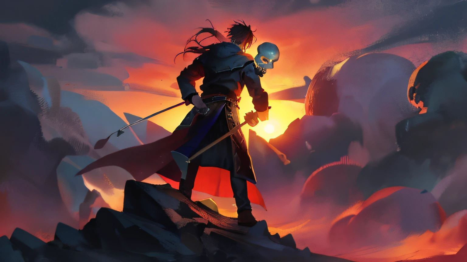 Standing high on the mountain,The sun is going down,He was holding a skull,Look into the distance