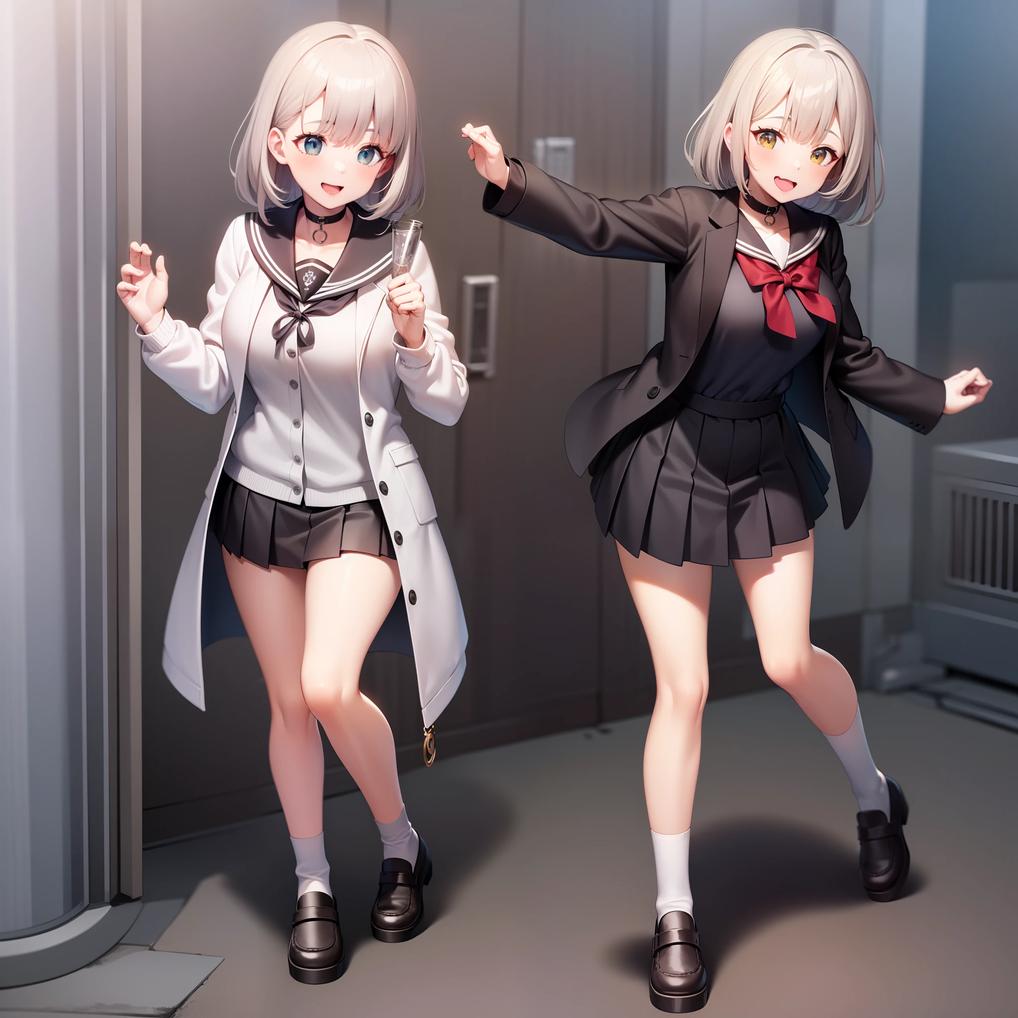 1girl, ************, Two legs, Two hands, Bigger than the building, White jacket, Animal hood, White socks, Open jacket, Pleated skirt, Black skirt, Black sailor collar, Black choker, school uniform, Black shirt, puffy long sleeves, standing, Smile, cheerfulness, Naughty, Anatomically correct, Textured skin, GTSCity