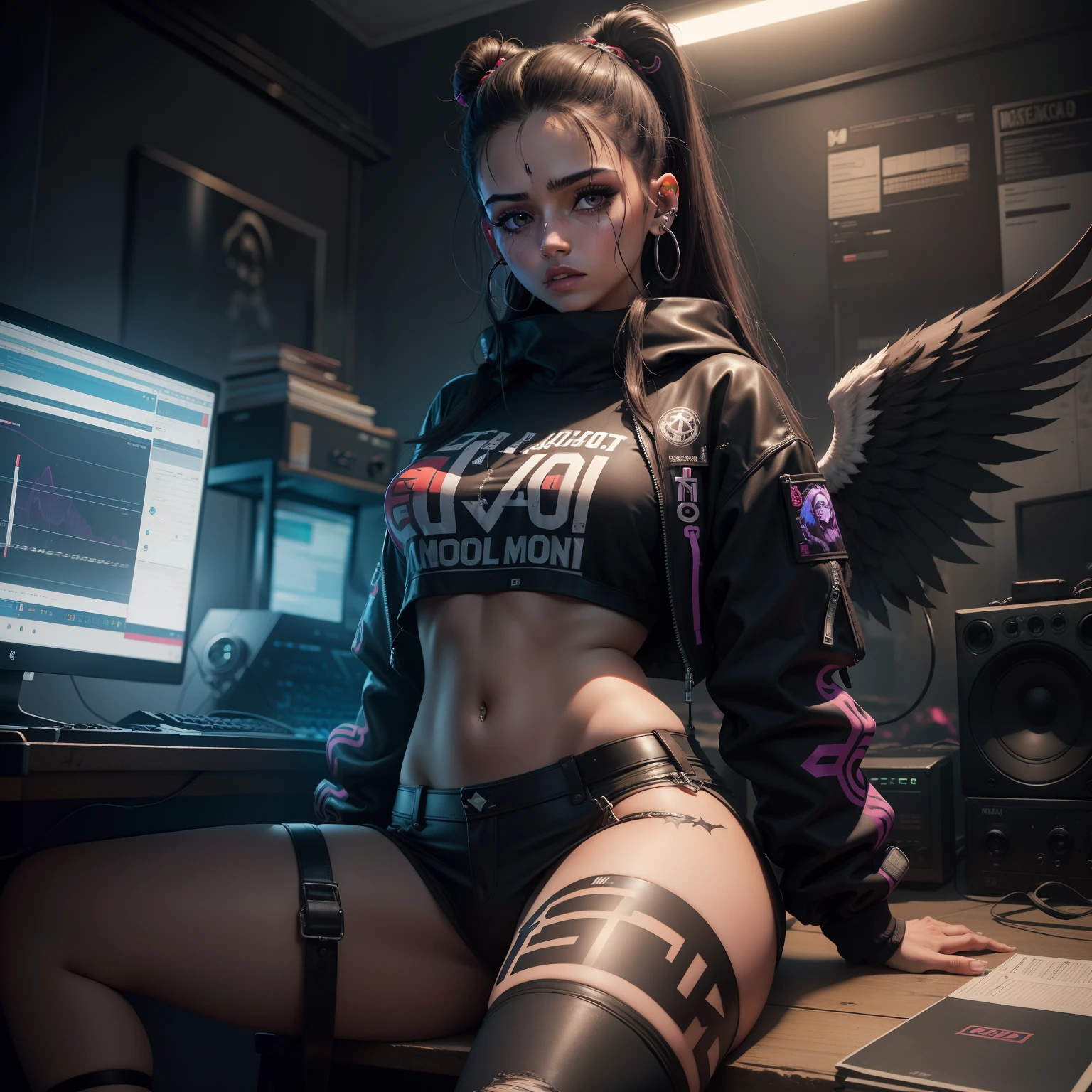 mulher, gostosa, Egirl, 26 anos, viver machuca, triste, moletom, auricular, studio, music, sentado, Cyberpunk, triste, Escuro, trevas, fogo, Inferno, apocalipse, FALLEN ANGEL, Demon, fim do mundo, desert dark,