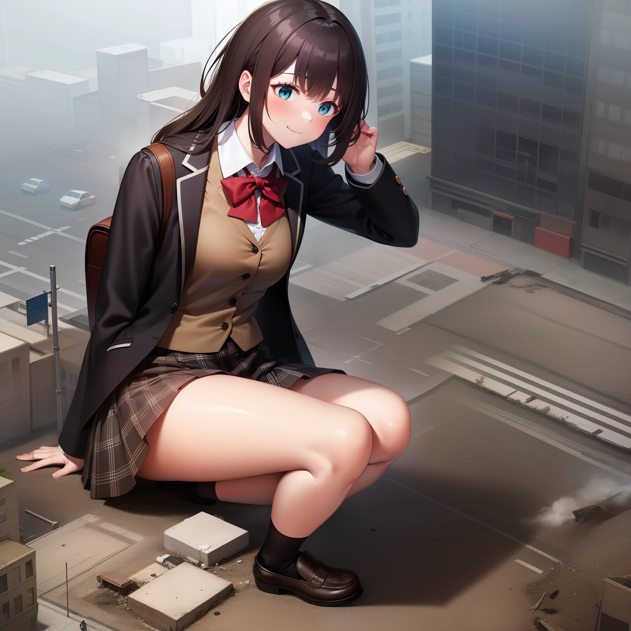 1girl, Two legs, Two hands, Bigger than the building, Masterpiece, Best quality, 1girl, Solo, Skirt, Outdoors, Jacket, crouched, Socks, shoes, school uniform, Loafer shoes, Blazer, Brown hair, Black socks, Long sleeves, bangs, Open clothes, Open jacket, bow, Blue eyes, Pleated skirt, neck bowtie, day, Long hair, full body, Bush, Red bow, shirt, Closed mouth, sleeves past wrists, Backpack, red bowtie, Black jacket, bookbag, Blush, Brown skirt, Looks to the ground, Collared shirt, Light smile, Naughty, Anatomically correct, Textured skin, GTSCity, Destroyed buildings, City model,