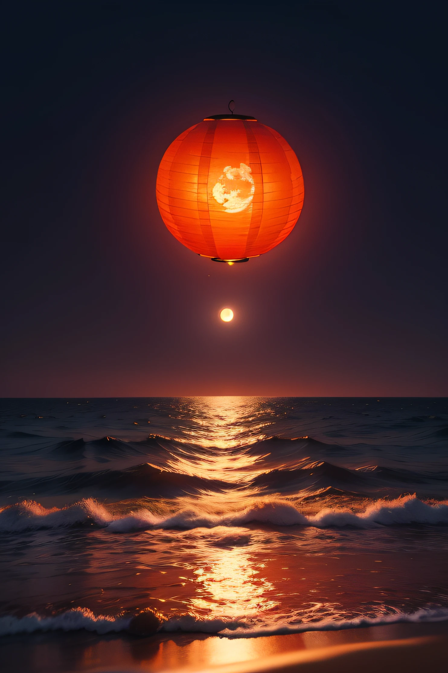 Full moon at sea，The moon is reflected on the sea，In the distance, red Kong Ming lanterns floated in the sky，mid-autumn festival