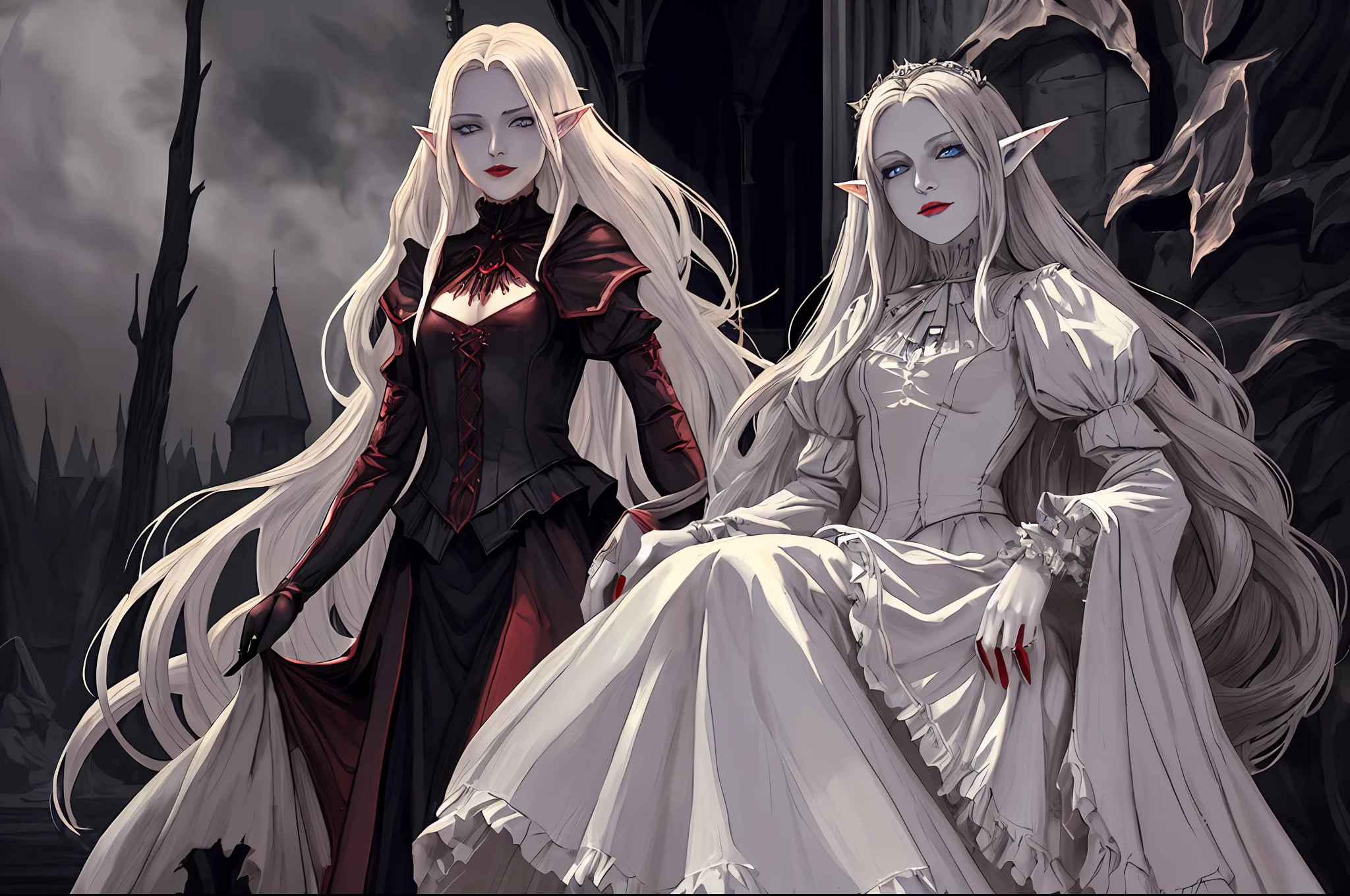 a picture of vampire elf in her castle, an exquisite beautiful female vampire elf standing under the night sky , full body (ultra detailed, Masterpiece, best quality), ultra detailed face (ultra detailed, Masterpiece, best quality), grey skin, blond hair, wavy hair, blue eyes, cold eyes, glowing eyes, intense eyes,  small pointed ears, smirking, smile with [[drops of blood on face]] (ultra detailed, Masterpiece, best quality), dark red lips, [vampire fangs], wearing white dress (ultra detailed, Masterpiece, best quality), dark blue cloak, high heeled boots [[in starry night sky]], high details, best quality, 8k, [ultra detailed], masterpiece, best quality, (ultra detailed), full body, ultra wide shot, photorealism, Larry Elmore style, dark fantasy art, gothic art, many stars,  gothic art, sense of dread,