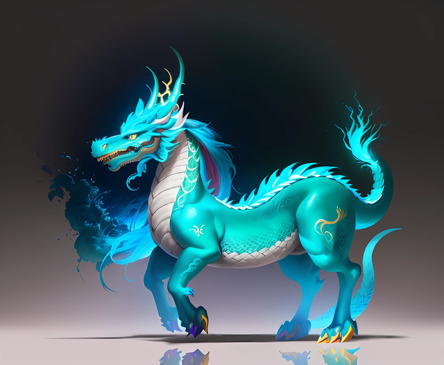 Brightly colored horses with a long tail and a tail with a long tail., Mythical Creatures, chinese dragon concept art, smooth chinese dragon, cyan chinese dragon fantasy, Mythical creatures, Fantasy Creatures, Rainbow Fluffy Dragon, Digital paintings of Quetzalcoatl, anthropomorphic dragon, Chinese dragon, dragon art, as an anthropomorphic dragon