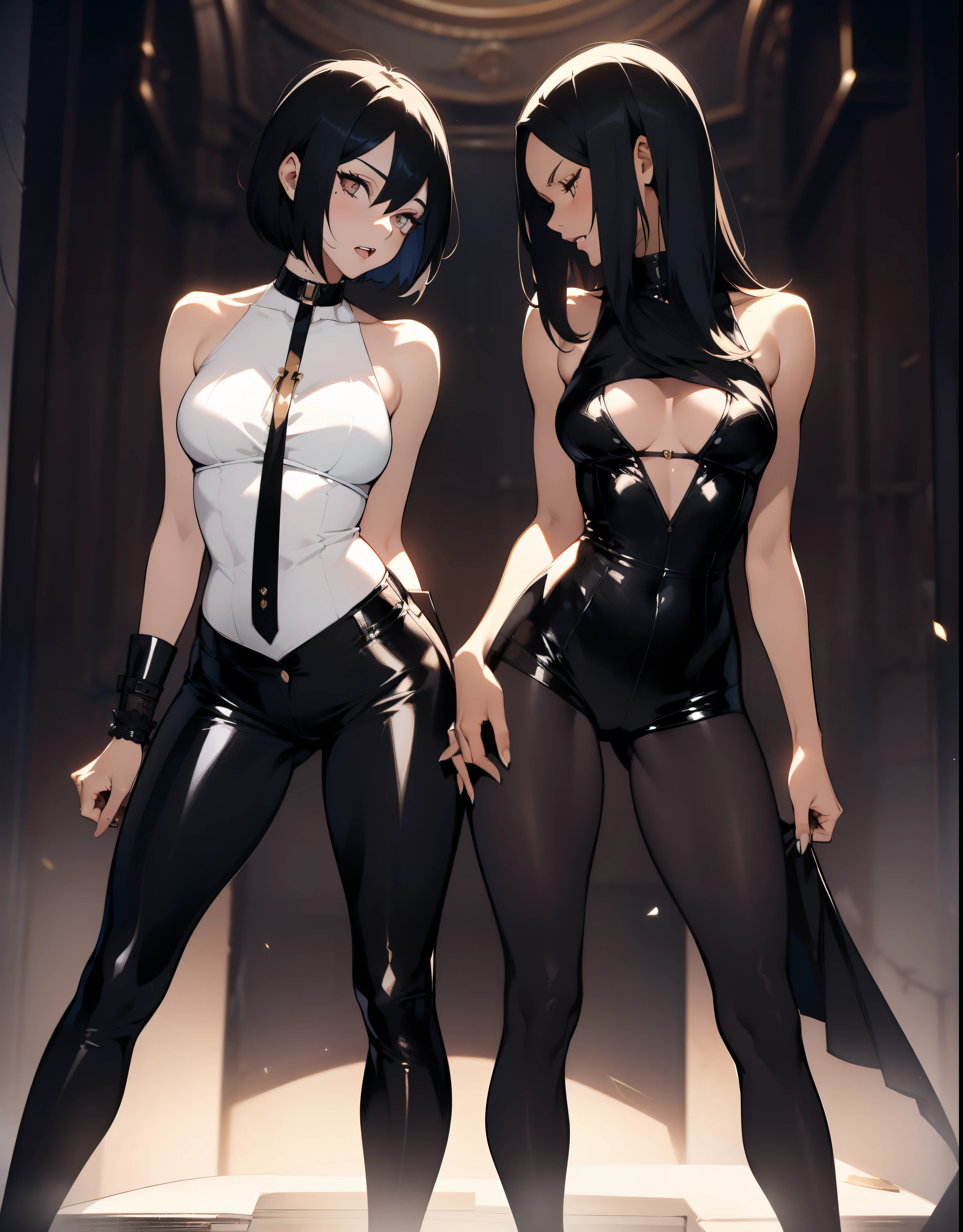Two(((femele))),(((lesbian)))),2 beautiful full body females,A short haircut,A long hair,Black hair,30 age old,Perfect body with muscularity,wearing little clothes,skin-tight short-pants,caressing eachother,Super sexy scene,facial closeups,open open mouth,Exaggerated face