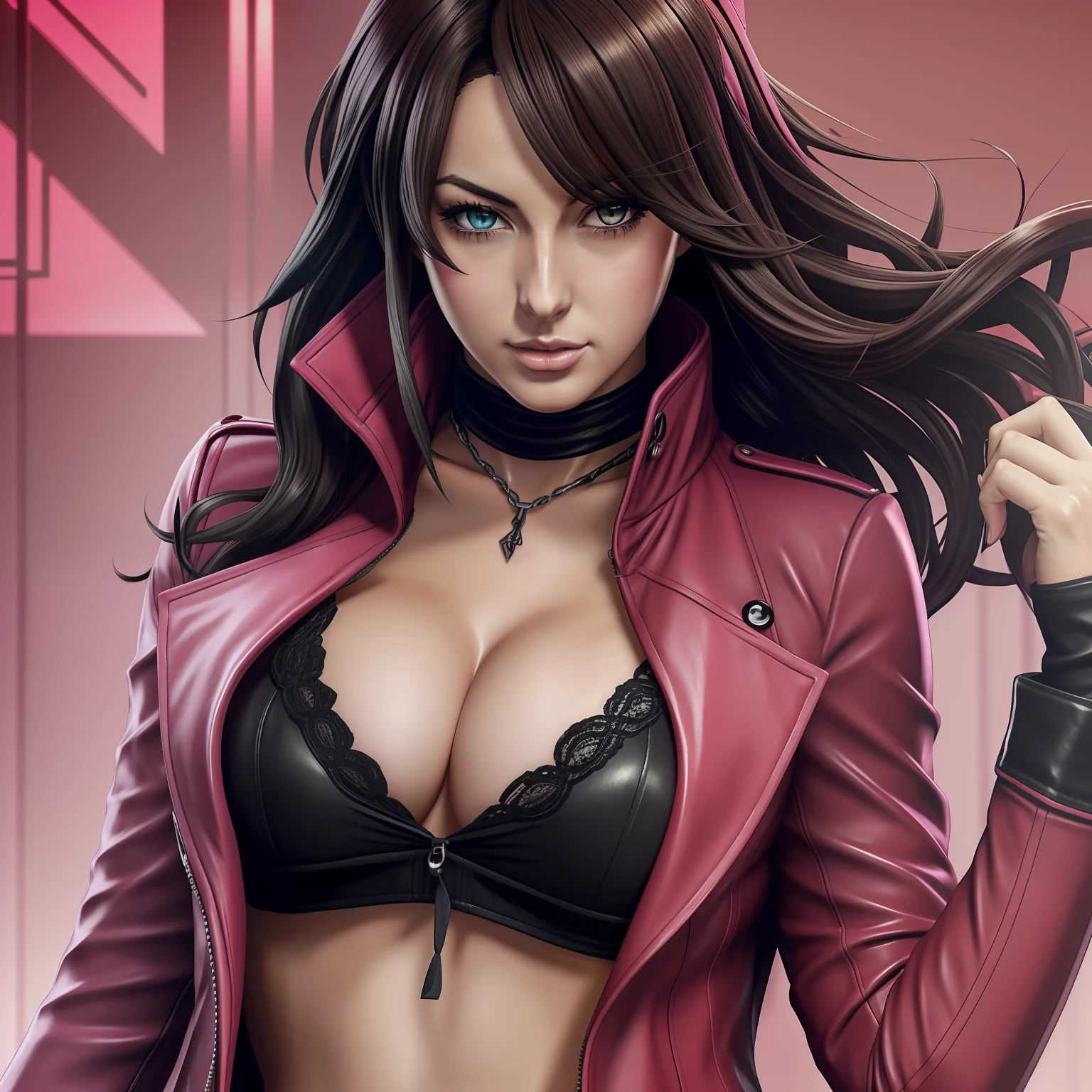 Detailed picture of Lindsey Strutt, in the style of Persona 5, art, fully clothed, solo, alone, phantom thieves, long pink coat, sexy, alluring, long curly hair, pink ribbon in hair