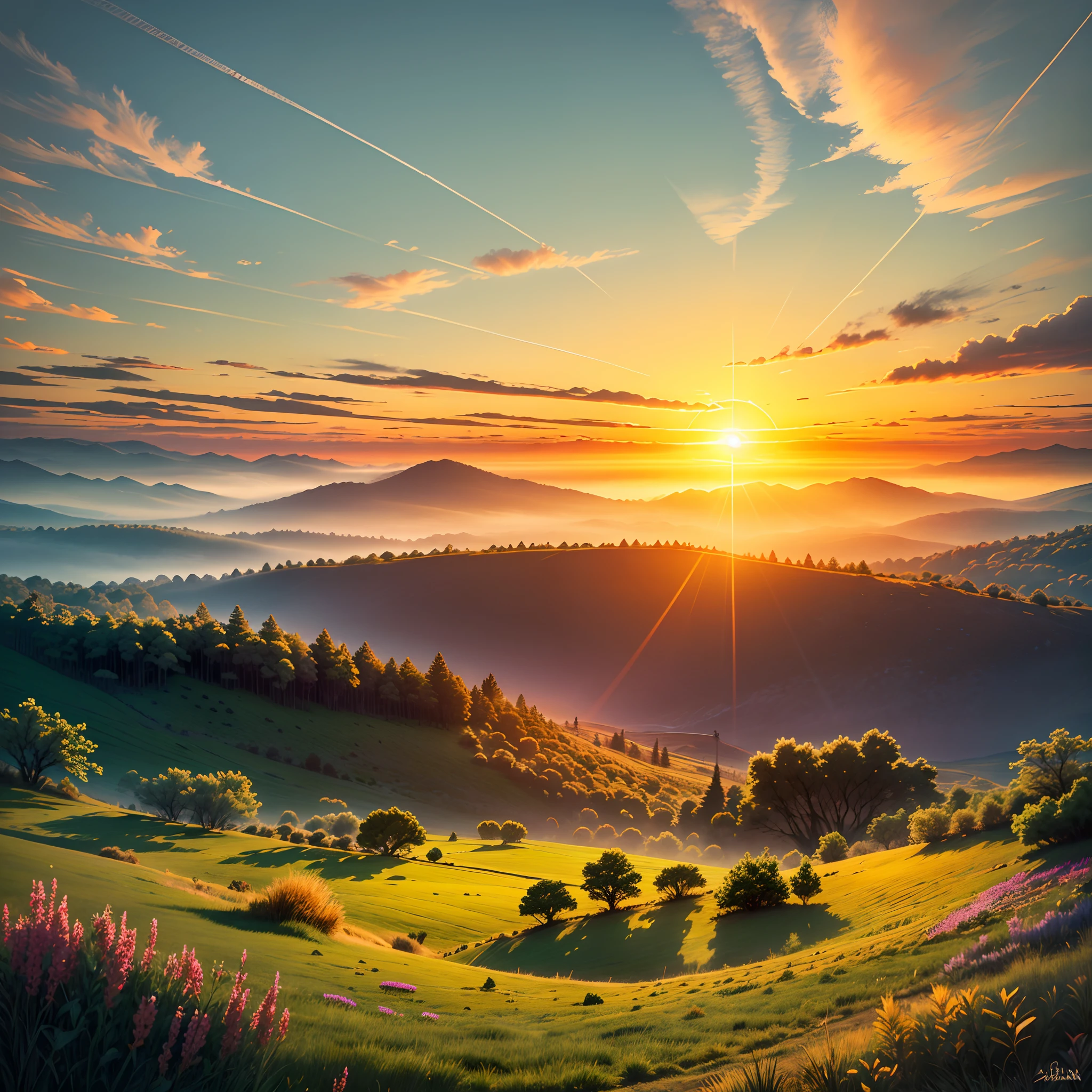 An image that depicts a radiant sunrise over a tranquil and serene landscape