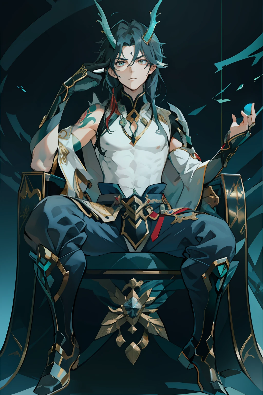 （absurderes，A high resolution，Hyper-detailing，hdr），Dragon's horn，younge boy，tmasterpiece，best qualtiy，1人，独奏，Handsome，Golden eyes，Fine eyes and detailed face，toppless，Tattooed with，arma，seated on a throne，Indifferent and arrogant，Abs，chest muscle，Raised sexy，Ruffian，Show your temperament，Male，masculine appeal，Male characteristics are distinct，Long messy hair，Arrogant，self-assured，Sitting majestically on the throne，Pondering，Legs crossed，white pantie，supreme，Lazy，Handsome，
