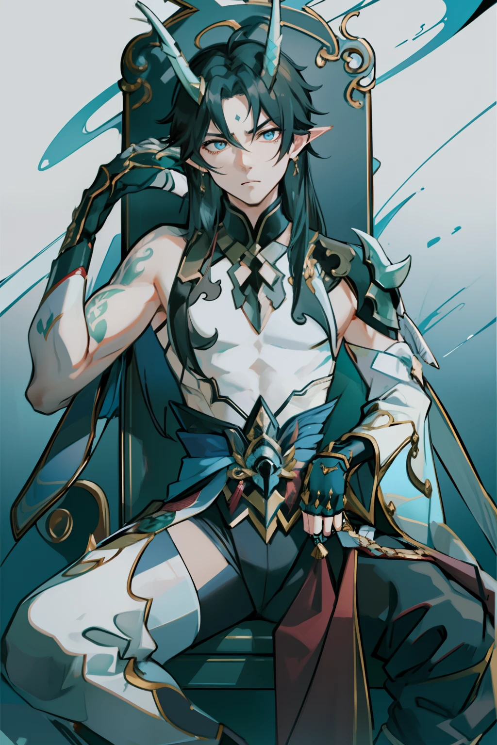 (absurderes,A high resolution,Hyper-detailing,hdr),Dragon's horn,younge boy,tmasterpiece,best qualtiy,1人,独奏,Handsome,Golden eyes,Fine eyes and detailed face,toppless,Tattooed with,arma,seated on a throne,Indifferent and arrogant,Abs,chest muscle,Raised sexy,Ruffian,Show your temperament,Male,masculine appeal,Male characteristics are distinct,Long messy hair,Arrogant,self-assured,Sitting majestically on the throne,Pondering,Legs crossed,white pantie,supreme,Lazy,Handsome,