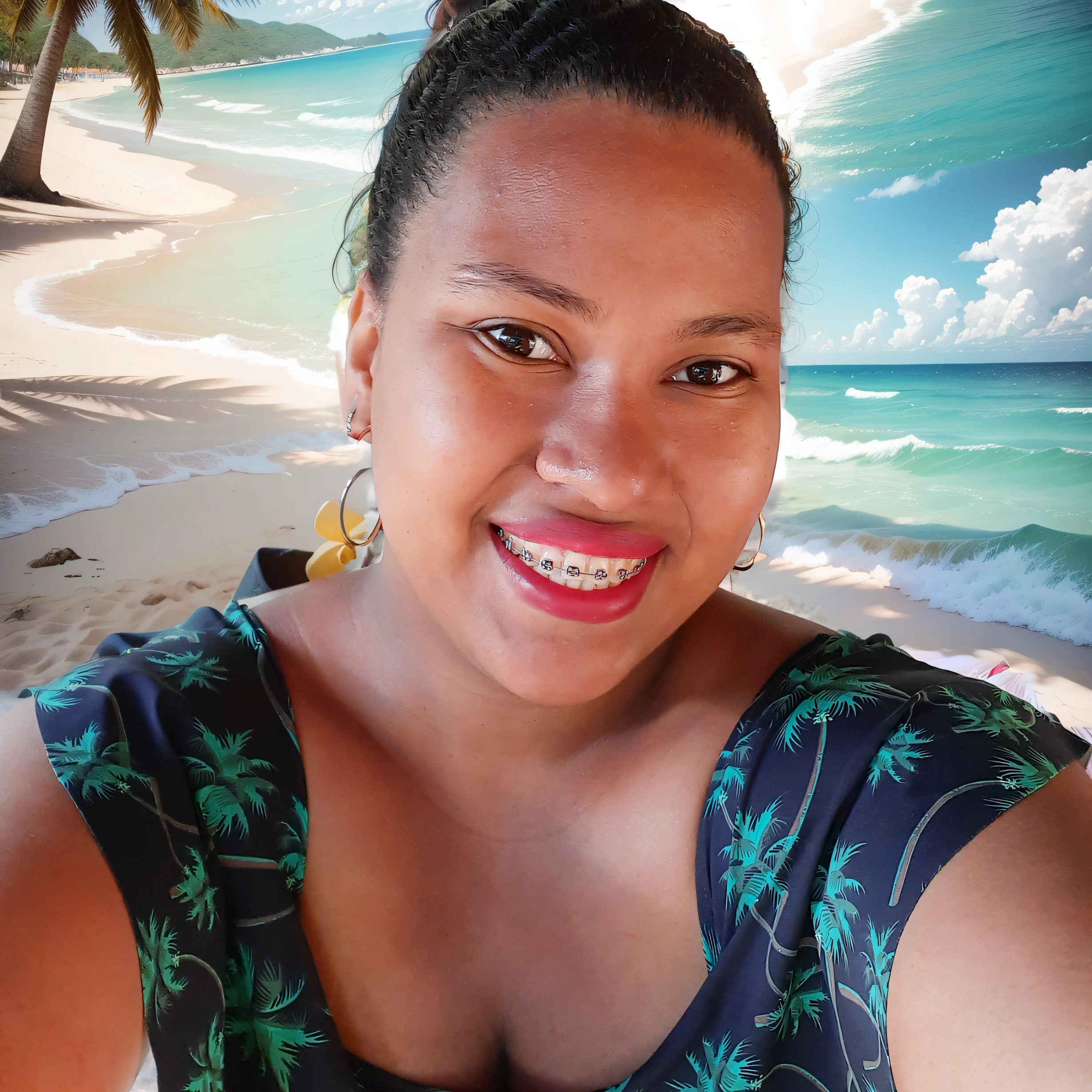 Uma linda mulher negra brasileira de 40 anos, Olhos castanhos claros, manequim plus size, dreadlocks, estilo 3d da disney pixar, com uma ampla, sorriso radiante. usando roupas de praia (floral), on the Boa Viagem beach promenade in Recife/NO Brasil