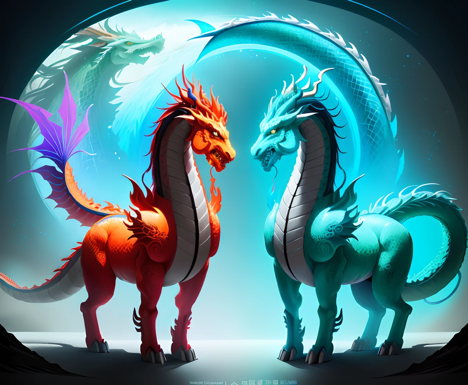 Brightly colored horses with a long tail and a tail with a long tail., Mythical Creatures, chinese dragon concept art, smooth chinese dragon, cyan chinese dragon fantasy, Mythical creatures, Fantasy Creatures, Rainbow Fluffy Dragon, Digital paintings of Quetzalcoatl, anthropomorphic dragon, Chinese dragon, dragon art, as an anthropomorphic dragon