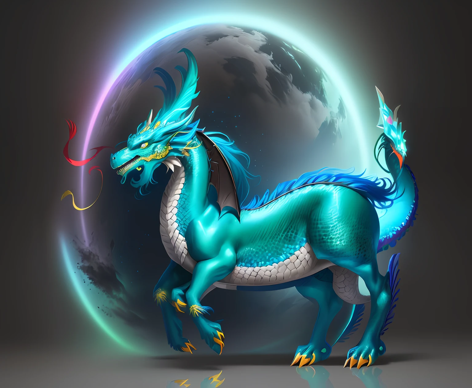 Brightly colored horses with a long tail and a tail with a long tail., Mythical Creatures, chinese dragon concept art, smooth chinese dragon, cyan chinese dragon fantasy, Mythical creatures, Fantasy Creatures, Rainbow Fluffy Dragon, Digital paintings of Quetzalcoatl, anthropomorphic dragon, Chinese dragon, dragon art, as an anthropomorphic dragon