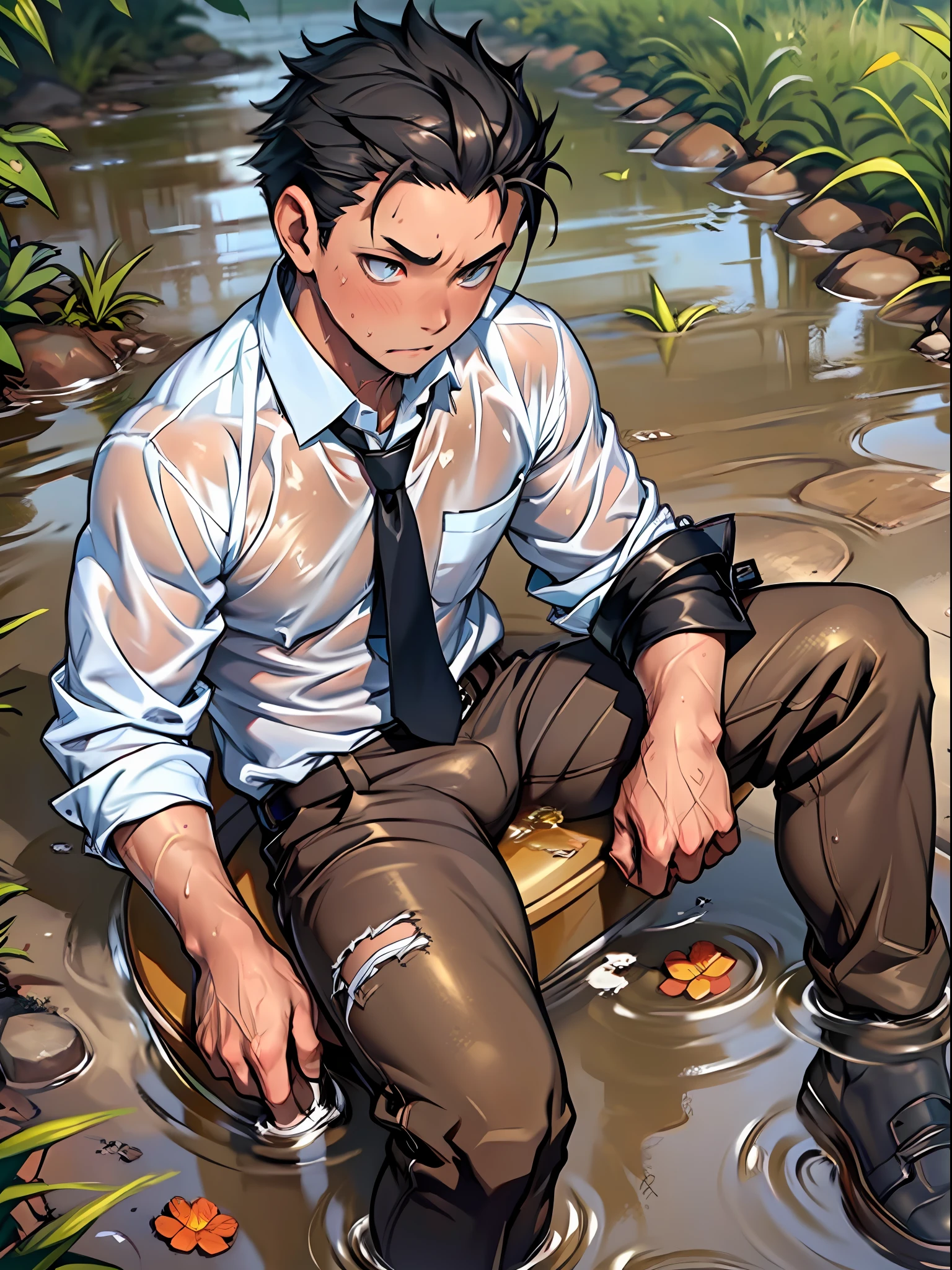 (1 Adult male),A high resolution, Sharp focus, Pixiv masterpiece, ((Complicated details)), highly detailed, natsuki_subaru, 1 man,Lying in the mud, Nervous,full bodyesbian, Golden eyes(eyes glowing), Short blue hair,white shirt,Wear a tie,Wear a belt,perspire,rain,Drenched,Sweaty crotch,Urine comes out of the crotch,pissing,Pee on the legs,Urine clumsily runs down the thigh,Lie down,legs separated,Pants are wet,Wet diapers,exhilarated,is shocked,panicking,worry,A small puddle of your own urine forms under your feet