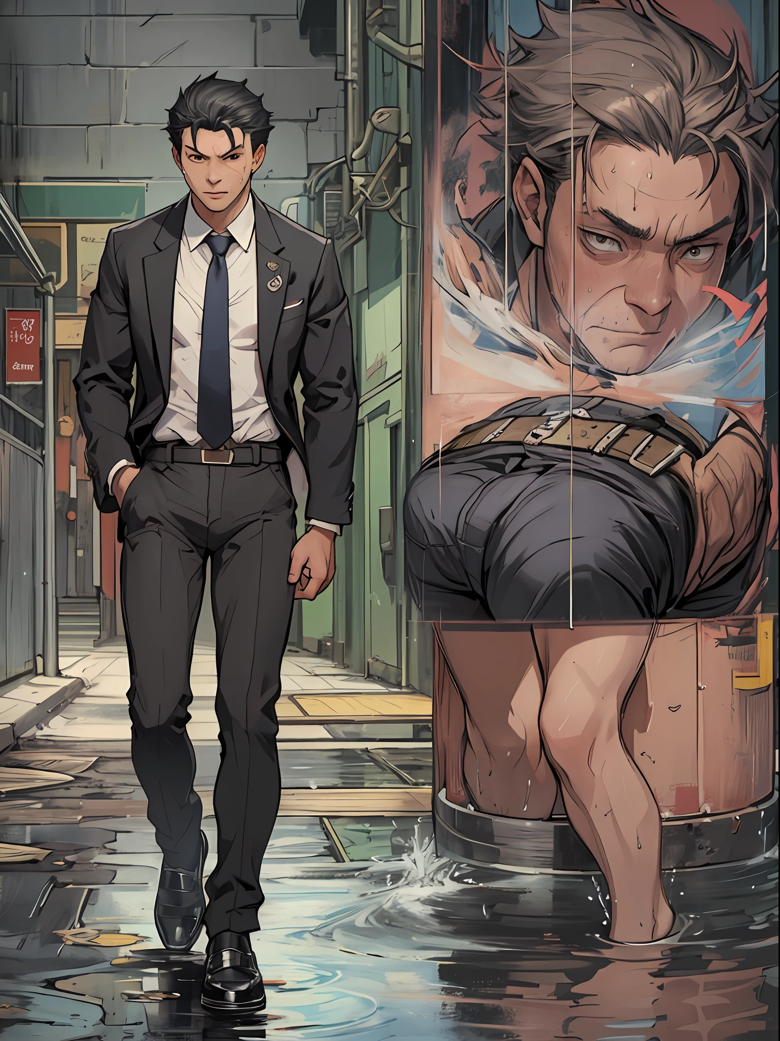 A3R1, Hector Fey ,Multi-view upper body, Suit pants view,legs separated,A3R1,pissing,Pee yourself,His own urine ran down his thighs,perfect male figure, Aerith Gainsborough ,The suit pants are wet,Urine runs down the leg of the trouser,Yellow eyes,sit astride,legs separated,Can't hold back urine,wants to pee,Wear a tie,wearing leather belt,Long Sleeve White Shirt,(The shirt is soaked),Black hair short hair,perspire,Black suit trousers,dress shoes,Nervously bow your head,is shy,embarressed,exhilarated,is shocked,panicking,worry,exteriors,On dry ground, A small puddle of his own urine formed around his feet,legs are open,Very eager to pee,Unbearable,Can't help but pee,Urine flows from the crotch to the legs,Incontinence,It's uncomfortable,Very anxious,Sweat runs from the crotch,Wet yourself,urinating,high detal,hentail realism,ultra-realistic realism,three sided view, A masterpiece of careful planning,A high resolution, hyper HD ,anatomy correct,super detailing,best qualtiy,A high resolution,8K