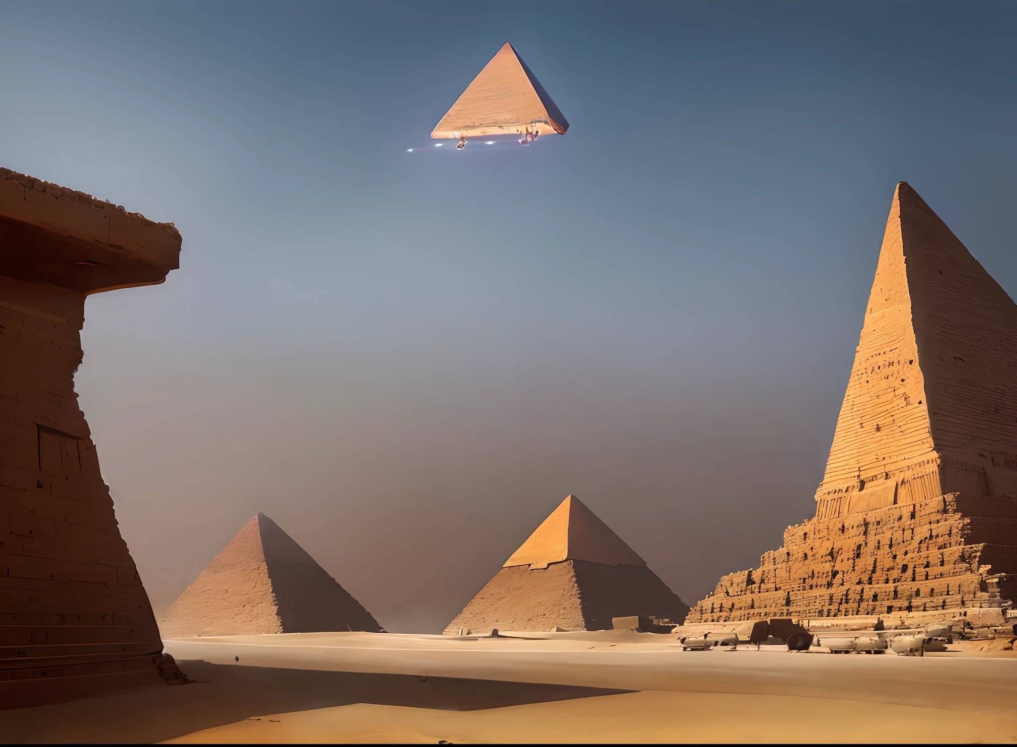 Egyptian pyramids taking off with thrusters at their base,greg rutkowski
