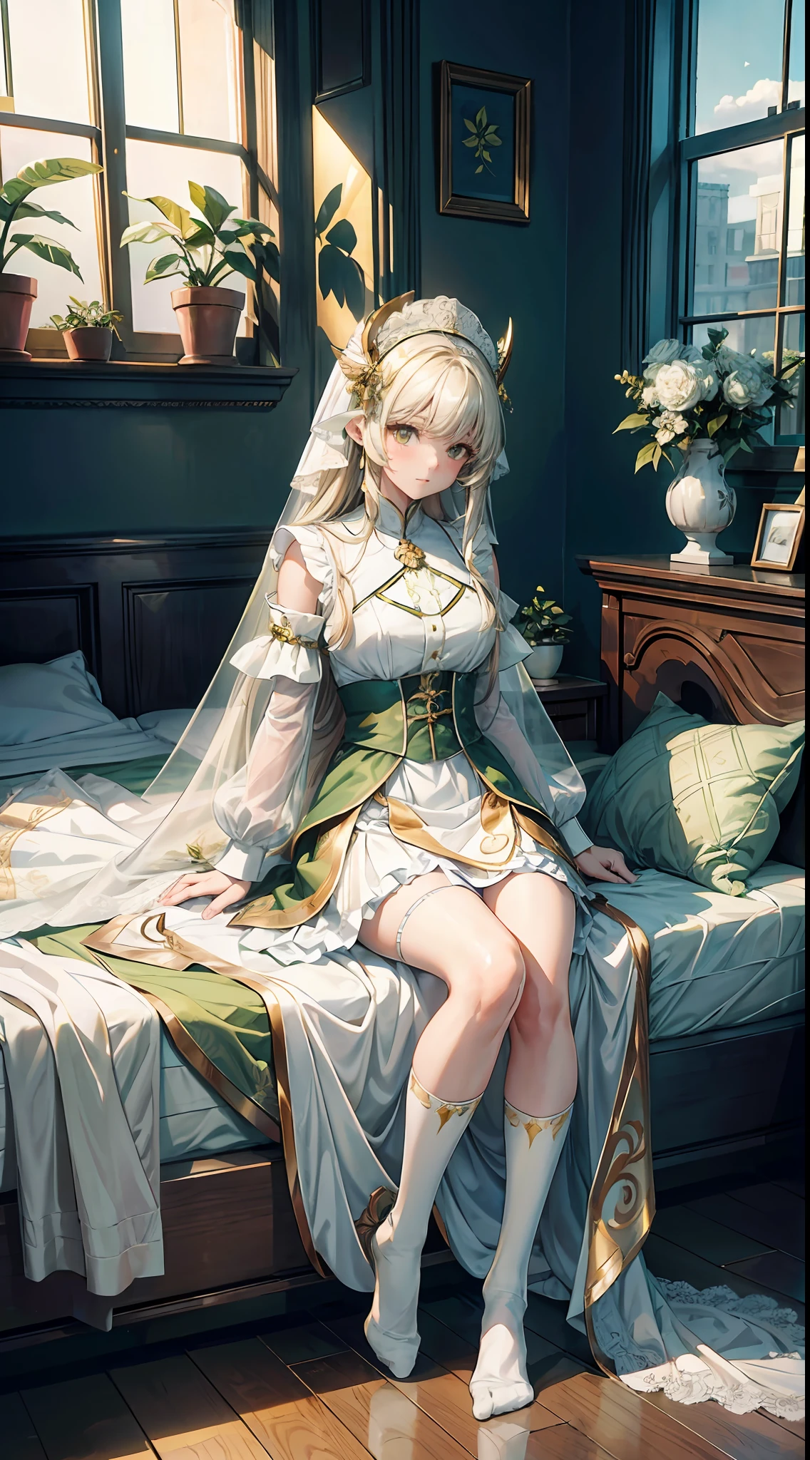 （8K，best qualtiy，tmasterpiece：1.2），（realisticlying，realisticlying：1.2），ultra - detailed，best qualtiy，超高分辨率，profesional lighting，photon maping，physically-based renderingt，the maid outfit，Wallpapers，Ray traching，（janelas：1.8），rays of sunshine：2.0，（There is a gold pattern on the skirt），whaite hair，（White calf socks：1.2），There are potted plants under the window，（（White socks ultra-transparent texture）），beast ear，a white long skirt，There is a little white cat，long hair flowing，There was a lamp by the bed，Big windows，Clothes with green and gold patterns，（golden headdress），（huge tit），（（（Superskirt））），（（（white wedding gown））），Advanced rendering，Bigger windows，white wedding gown，White socks are longer，leg loops