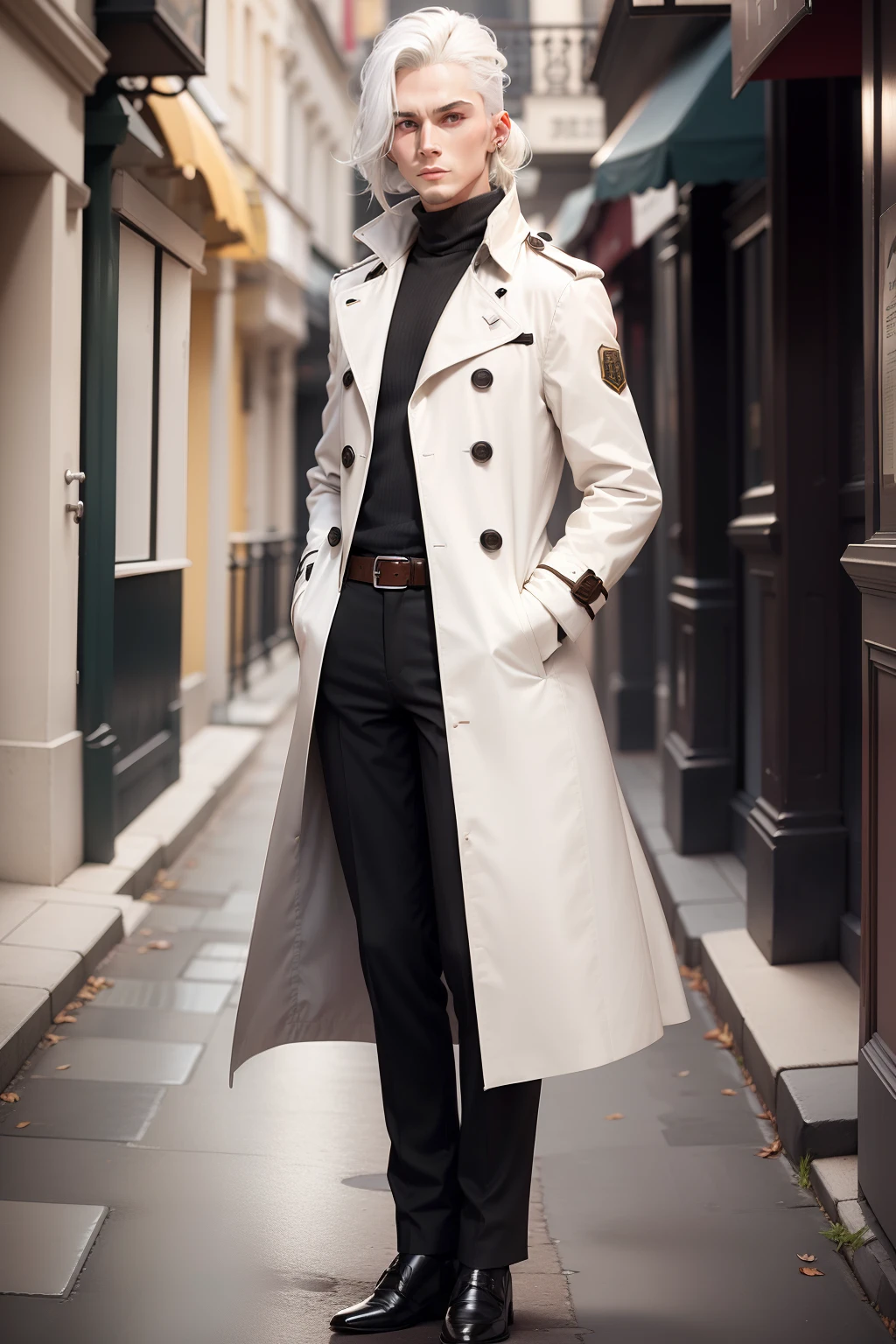 white color hair,Kizi,dignified,well dressed,Small stature,Antique trench coat