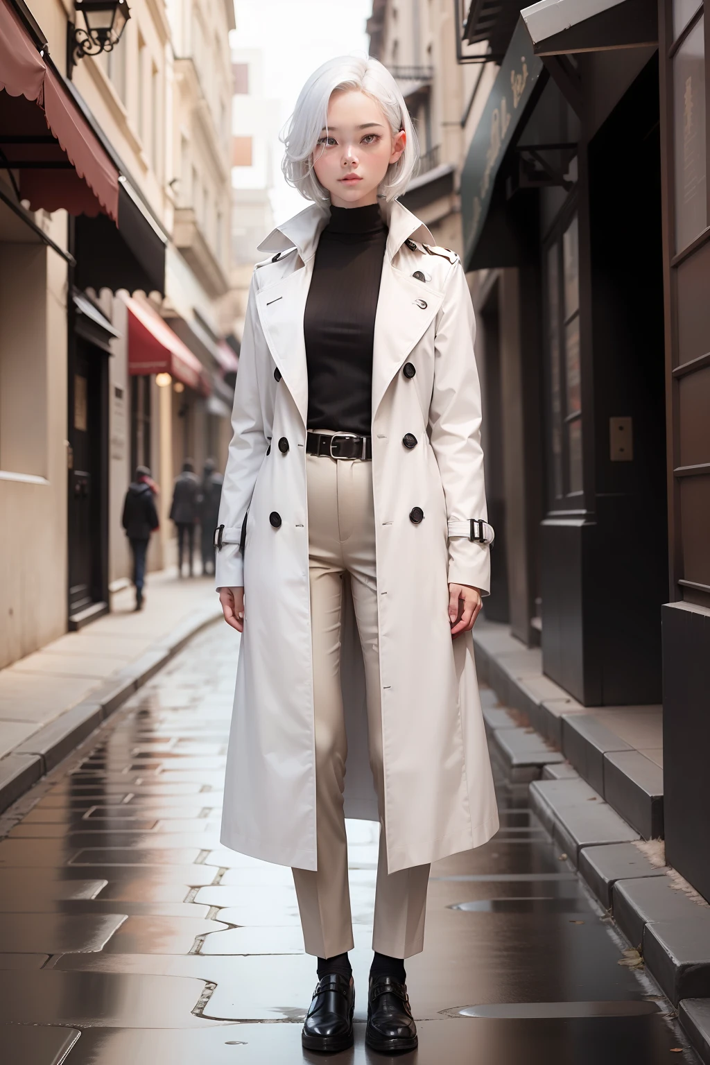 white color hair,Kizi,dignified,well dressed,Small stature,Antique trench coat
