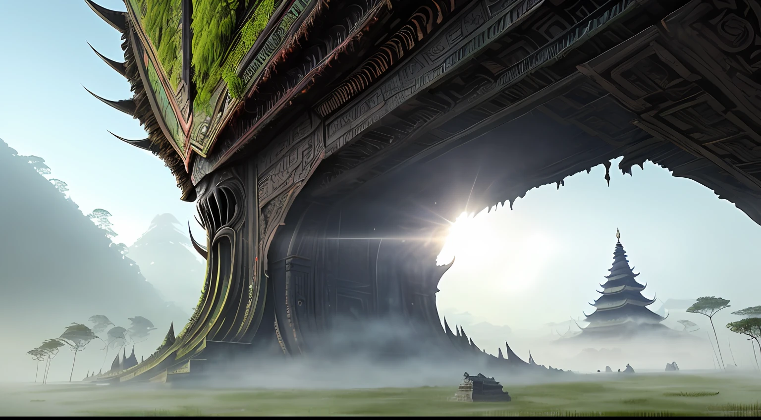 (Extreme close-up) photore (Scared:1.1) (Pagodas, 12th century, 1.2), (rainforests:0.9), (tall grass:1.2), (The background is a huge dead alien monster:1.2), Silver light reflection,Wet, rays of sunshine, insanely details, Cinematic, epic realistic, Intricate details, ultra - detailed, High quality, primitive, author:Jakub Rozalski