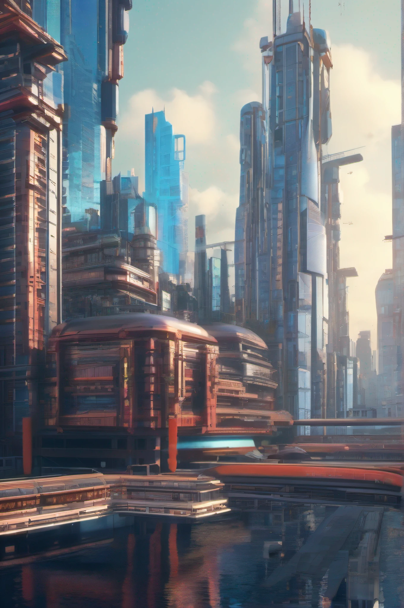 Orthographic Futuristic cyberpunk city skyline at daytime, intricate details, vibrant, blue sky, metallic buildings. art by JosanGonzalez, JimBurns, PeterElson, Peter AndrewJones and AtelierOlschinsky. UHD, 4k, Redshift render