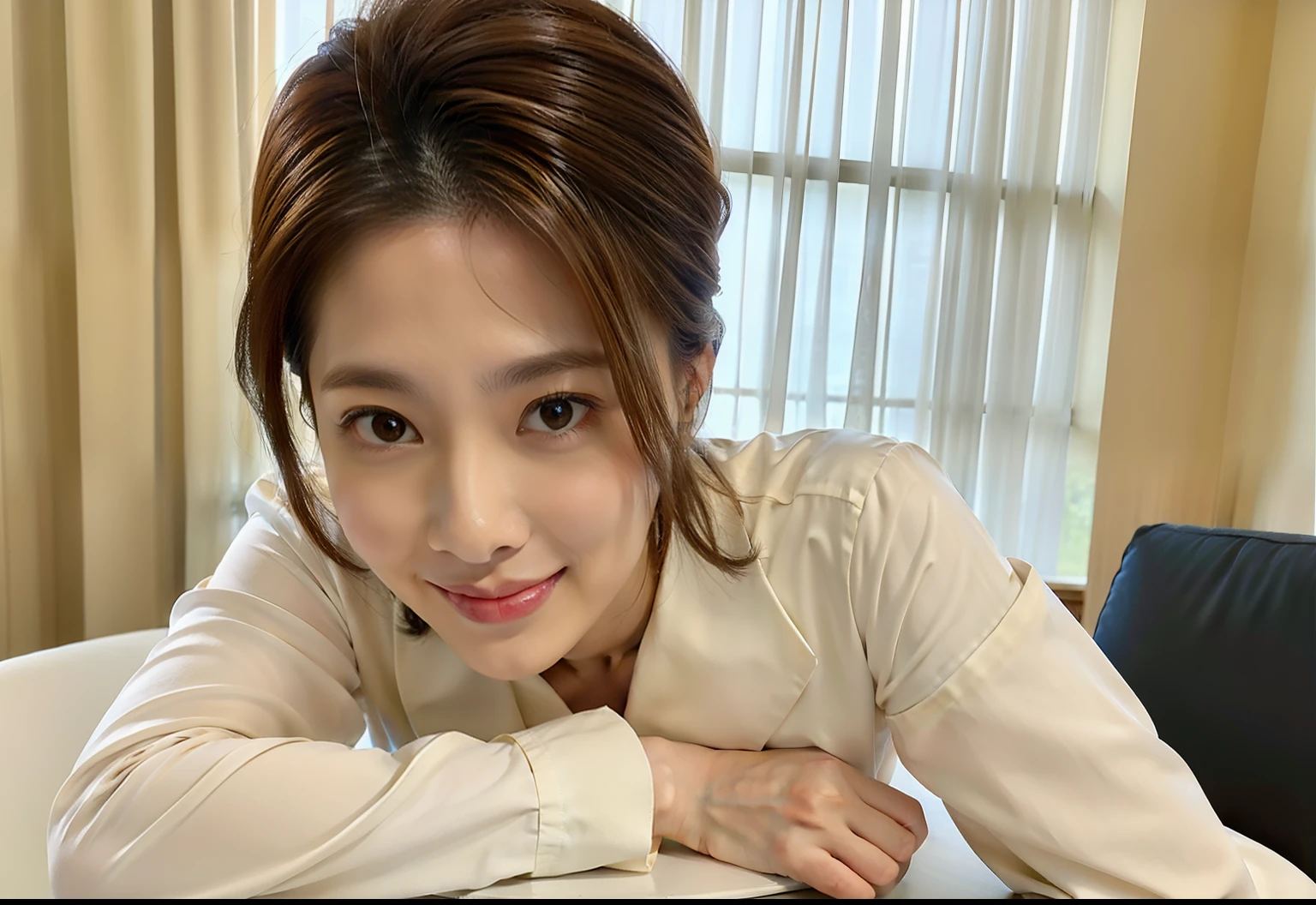 There is a woman lying on a table posing in shiny silver pajamas,