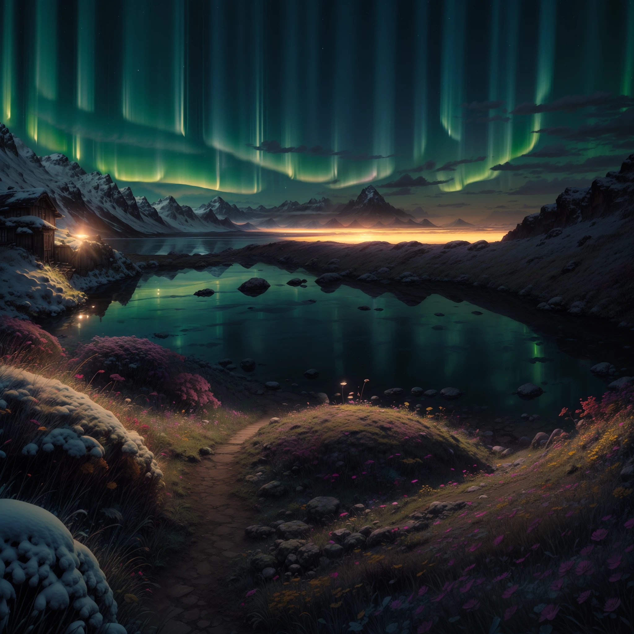 stunning natural phenomenon in the night sky. The green, red, and yellow aurora borealis is visible, with its vibrant colours illuminating the dark sky and reflecting off of the body of water below. In the foreground, a mountain can be seen covered in snow, Further away from shore, there are more mountains that appear blurry due to their distance from us, (illustration: 1.0), epic composition, realistic lighting, HD details, masterpiece, best quality, (very detailed CG unified 8k wallpaper)