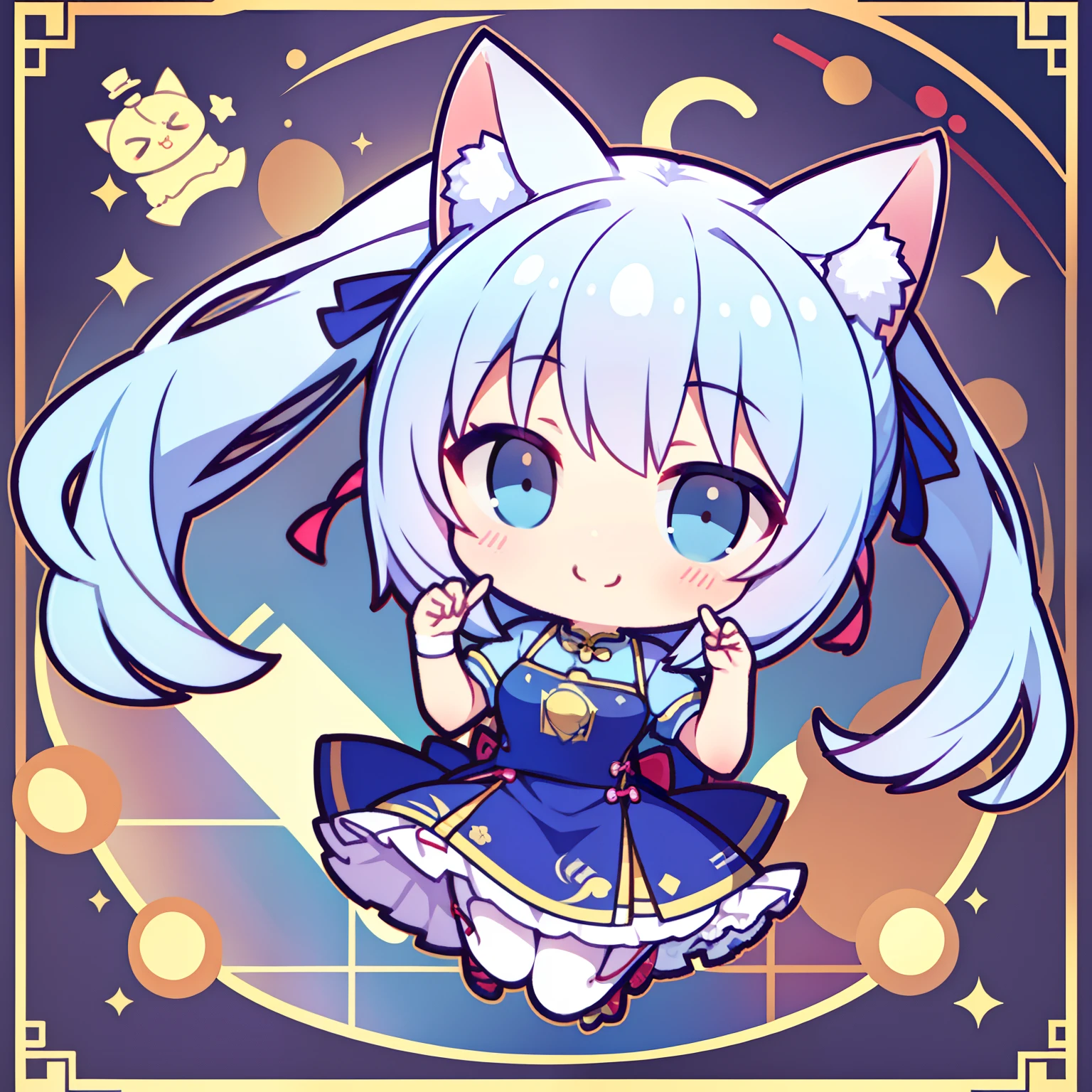 Kizi,adorable smile,Cat ears,coda,Medium hair,Blue cheongsam,White stockings,high-heels,tchibi