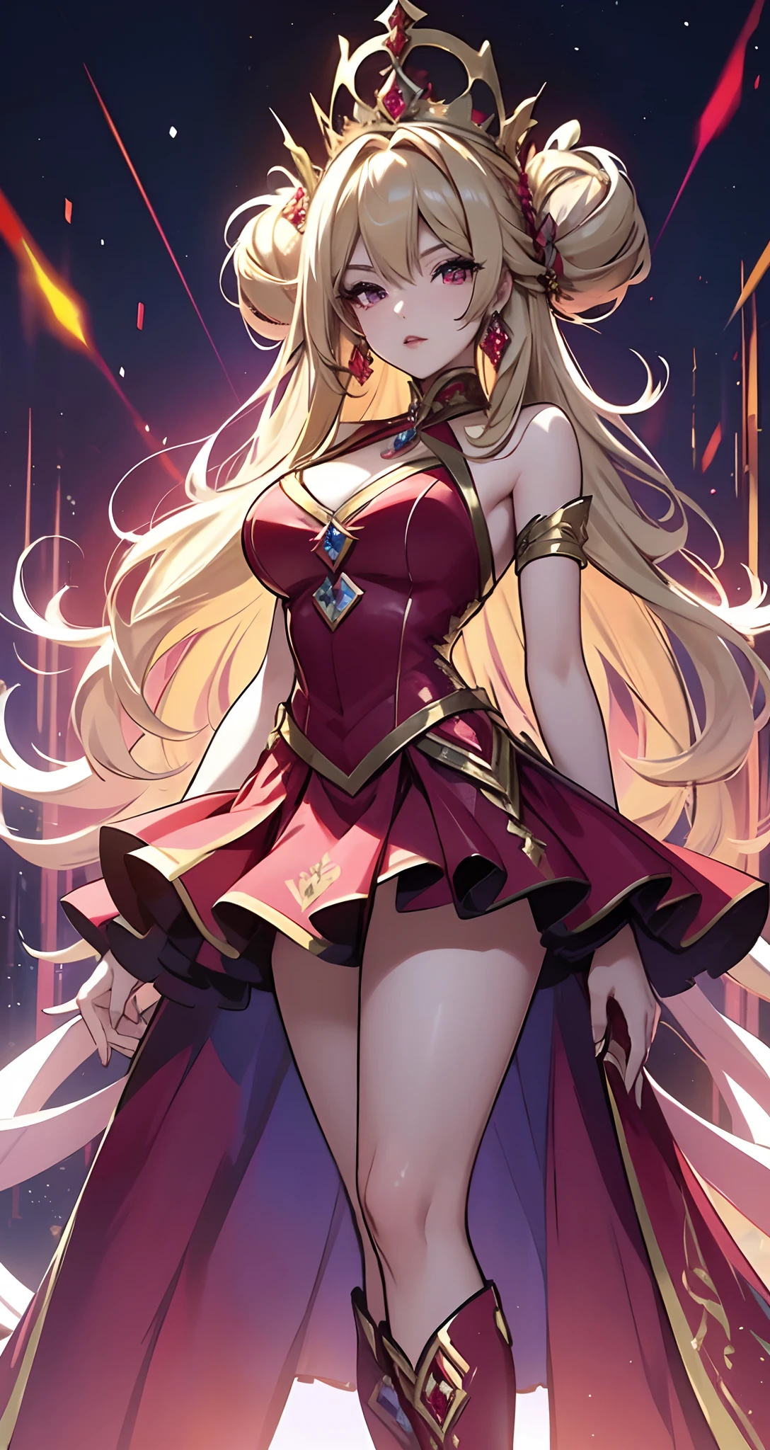 best qualityer,tmasterpiece,Ultimate resolution,downy,Extremely colorful,Colorful,palace background,a queen,Royal Sister,short red dress,huge tit,hair-bun,crown of head,(Long blonde hair),sceptre,Redlip,a matural female,(High-heeled boots),Normal posture