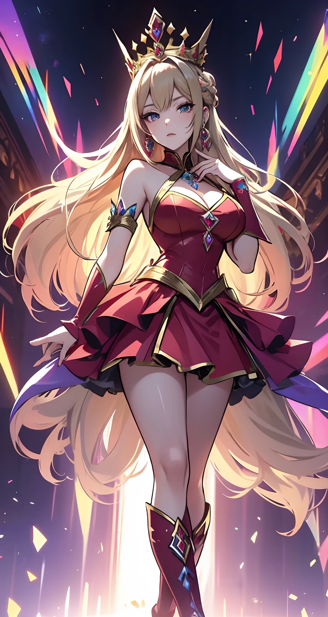best qualityer,tmasterpiece,Ultimate resolution,downy,Extremely colorful,Colorful,palace background,a queen,Royal Sister,short red dress,huge tit,hair-bun,crown of head,(Long blonde hair),sceptre,a matural female,(High-heeled boots),Normal posture