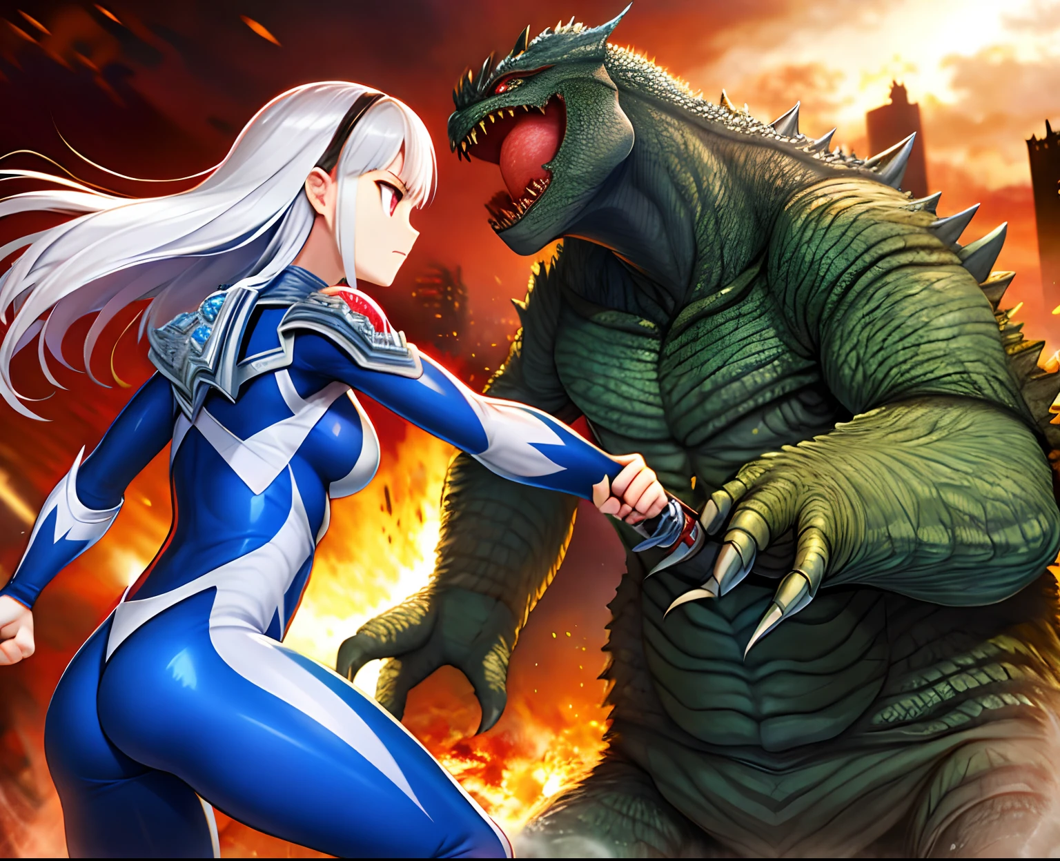 extremely detailed CG unreal engine 8k, Best quality, From the side Side, 1girll, Beautiful detailed girl, young girl, (ULTGP :1.0), (rampage :1.0), ultraman bodysuit, Small breasts, full bodyesbian, (Angry face :1.2), double tails, (Fighting stance), ((Dynamic), Detailed fingers, Detailed hands, Detailed face), all intricate, Godzilla (attacking :1.2), (battle with monster, battle with monster, Fighting), Detailed (ruined buildings) Behind, outside