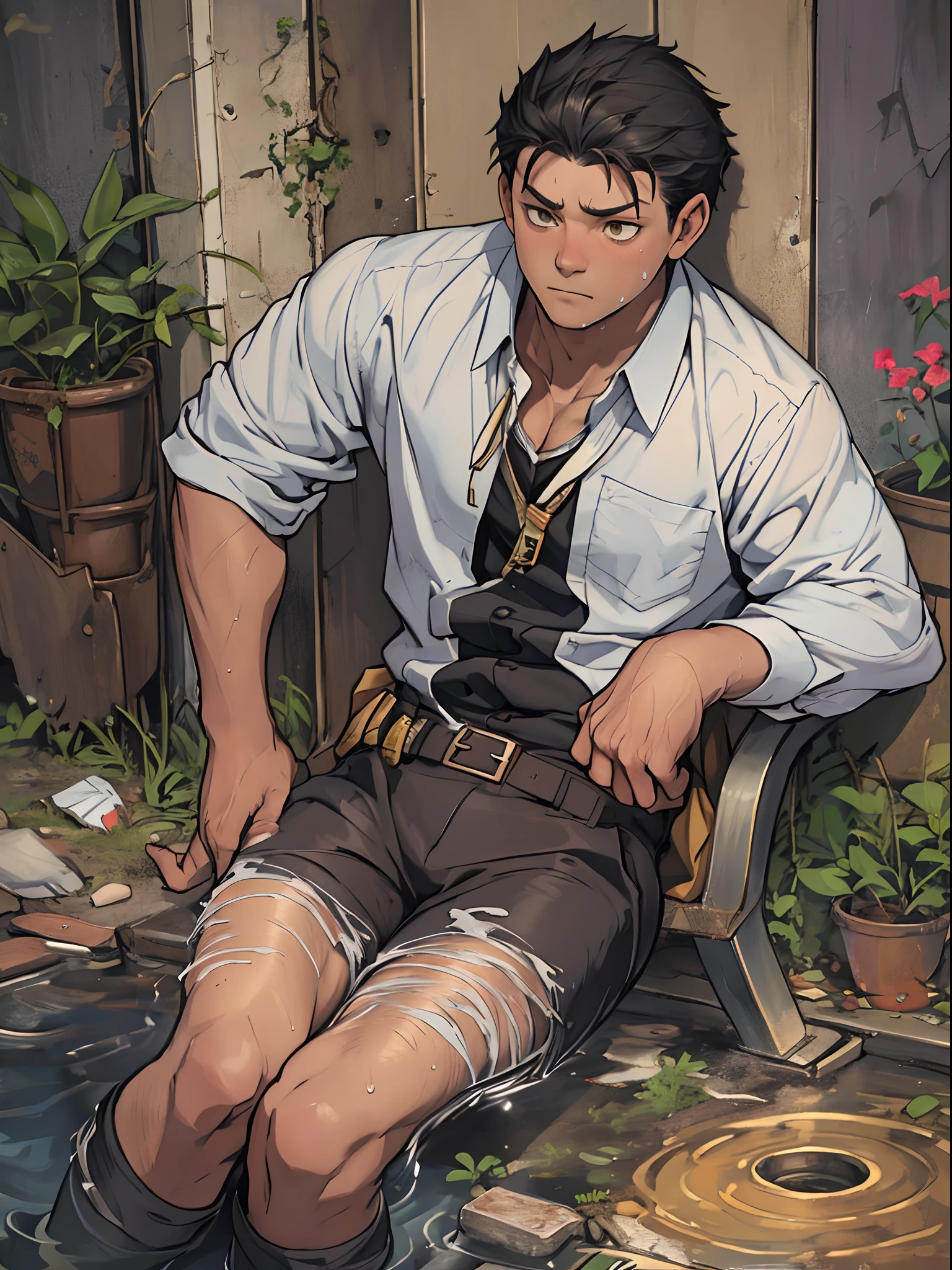 A3R1, Hector Fey ,Multi-view upper body, Suit pants view,legs separated,A3R1,pissing,Pee yourself,His own urine ran down his thighs,perfect male figure, Aerith Gainsborough ,The suit pants are wet,Urine runs down the leg of the trouser,Yellow eyes,sit astride,legs separated,Can't hold back urine,wants to pee,Wear a tie,wearing leather belt,Long Sleeve White Shirt,(The shirt is soaked),Black hair short hair,perspire,Black suit trousers,dress shoes,Nervously bow your head,is shy,embarressed,exhilarated,is shocked,panicking,worry,exteriors,On dry ground, A small puddle of his own urine formed around his feet,legs are open,Very eager to pee,Unbearable,Can't help but pee,Urine flows from the crotch to the legs,Incontinence,It's uncomfortable,Very anxious,Sweat runs from the crotch,Wet yourself,urinating,high detal,hentail realism,ultra-realistic realism,three sided view, A masterpiece of careful planning,A high resolution, hyper HD ,anatomy correct,super detailing,best qualtiy,A high resolution,8K