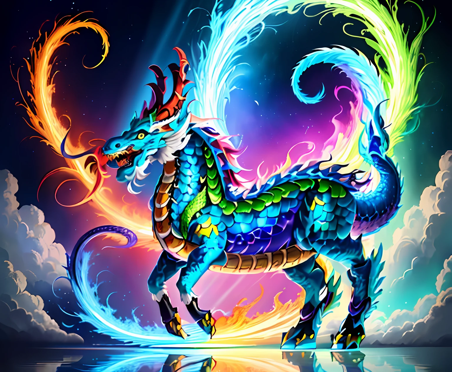 Brightly colored horses with a long tail and a tail with a long tail., Mythical Creatures, chinese dragon concept art, smooth chinese dragon, cyan chinese dragon fantasy, Mythical creatures, Fantasy Creatures, Rainbow Fluffy Dragon, anthropomorphic dragon, Digital paintings of Quetzalcoatl, Chinese dragon, dragon art, as an anthropomorphic dragon