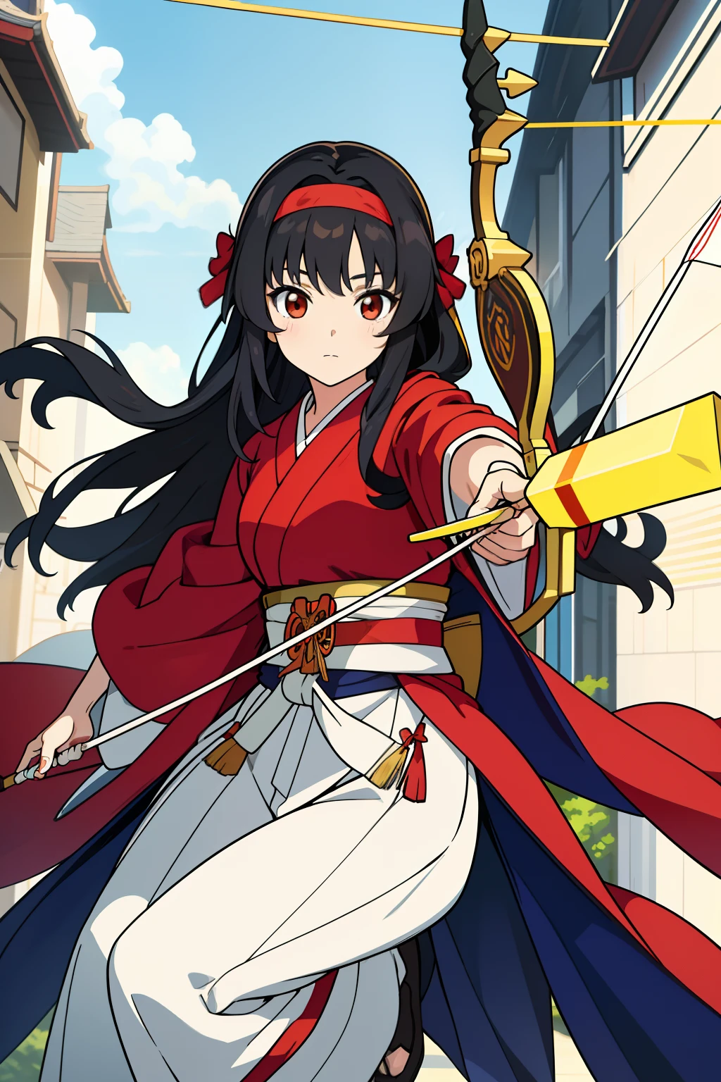 (Masterpiece, Best quality,) Anime screencap, 1girll,On the side, the goddess, the girl has a shawl with long black hair, no headgear, a Japanese white witch costume, white wide-sleeved red wide-legged pants, a large red bow on the waist, carrying an arrow barrel, and holding a brown bow and arrow in his left hand