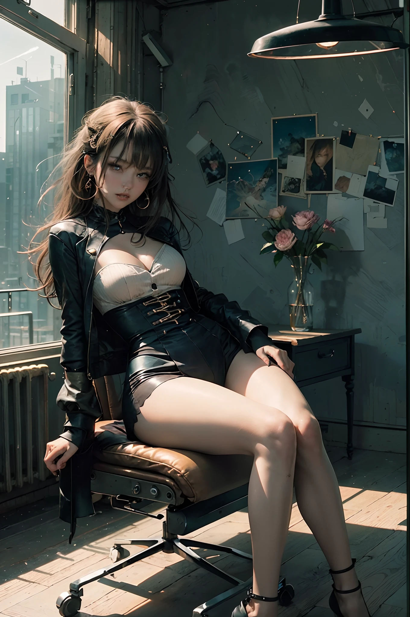 8k wallpaper，High Picture Quality，high high quality，The picture is delicate，Anime character Li Shiya，Pure lust beauty，blackstockings，JK，seductiv，beautifullegs，Shy，High value，Stretch your legs，sittinng on the desk，By the window，Highlight the characters，Prominent chest size，beauty breast，Good looking suitable light and shadow，Romantic background，Two-dimensional high-quality paintings