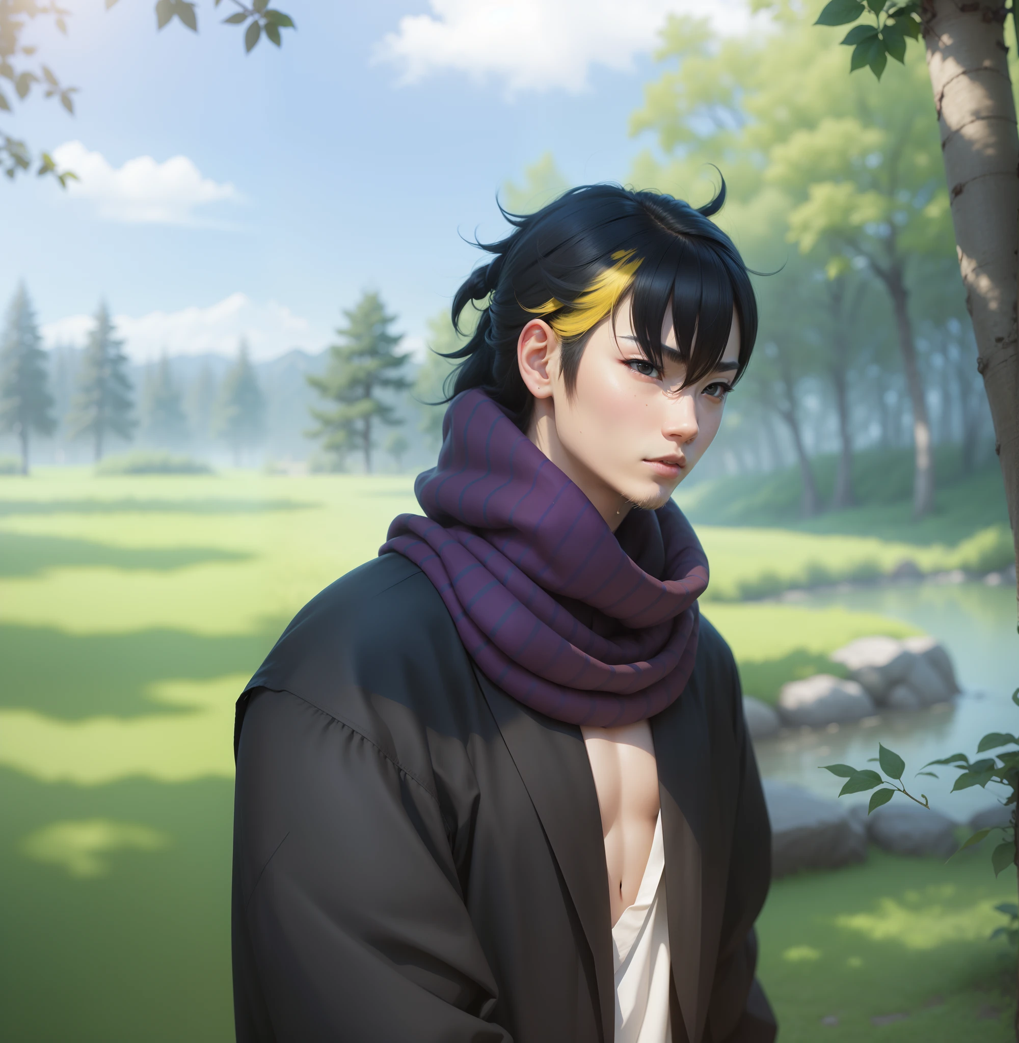 A real life adaption of this character ,Hyper realistic, Japanese face , yellow hair full on the left side make more ,remove black shape near left eyes,