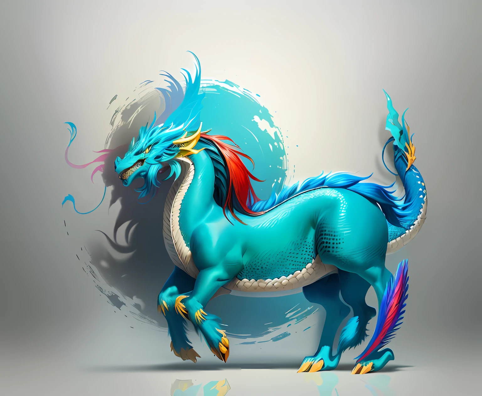 Brightly colored horses with a long tail and a tail with a long tail., Mythical Creatures, chinese dragon concept art, smooth chinese dragon, cyan chinese dragon fantasy, Mythical creatures, Fantasy Creatures, Rainbow Fluffy Dragon, Digital paintings of Quetzalcoatl, anthropomorphic dragon, Chinese dragon, dragon art, as an anthropomorphic dragon