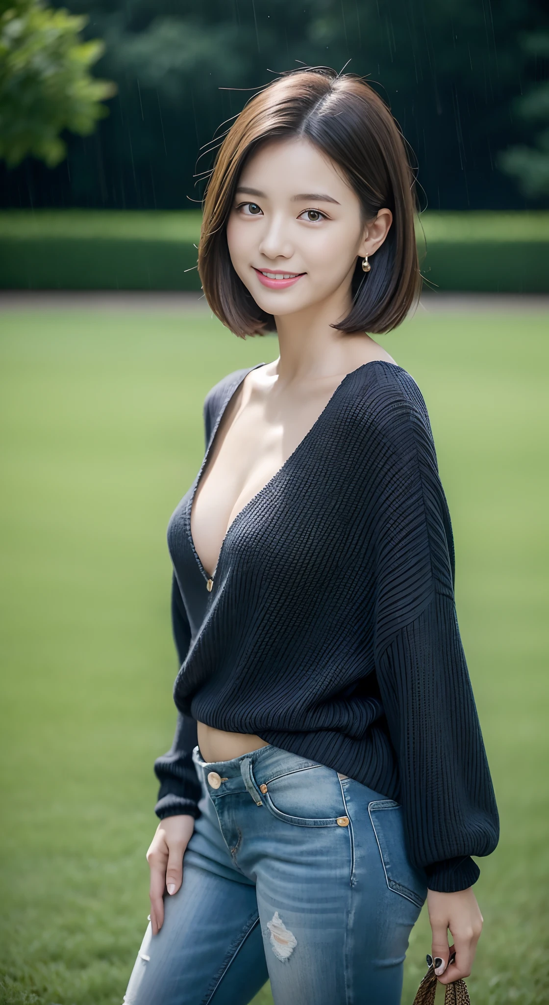 (rain, grassy fields: 1.3), 1 beautiful woman taking pictures on the grass，RAW photos，tmasterpiece，（highdetailskin：1.2），8k ultra high definition，digital SLR camera，gentlesoftlighting，high high quality，filmgrain，富士XT3，20 years old Asian woman，Dark gray skinny sweater（Slim，Fit snugly to the body，Show beautiful curves）and trendy jeans with open navels，Detailed clothing details:1.5，perfect body figure，Perfect breasts and nipple bulge，The calves are straight and slender，（（Branded fashion travel shoes:1.5）），Melon seed face，short detailed hair，Super detailed facial details and skin，Fair face and fair skin，二重まぶた，Super detailed eyes，A sweet smile，Beautiful accessories，(Gloss on lips, eyeslashes, Glossy face, Best quality, Super high resolution, warm color，Wide lighting, naturalshadow), Kneel on the grass and play，Pose coquettishly，Show off your sexy figure， Full body shooting: 1.8