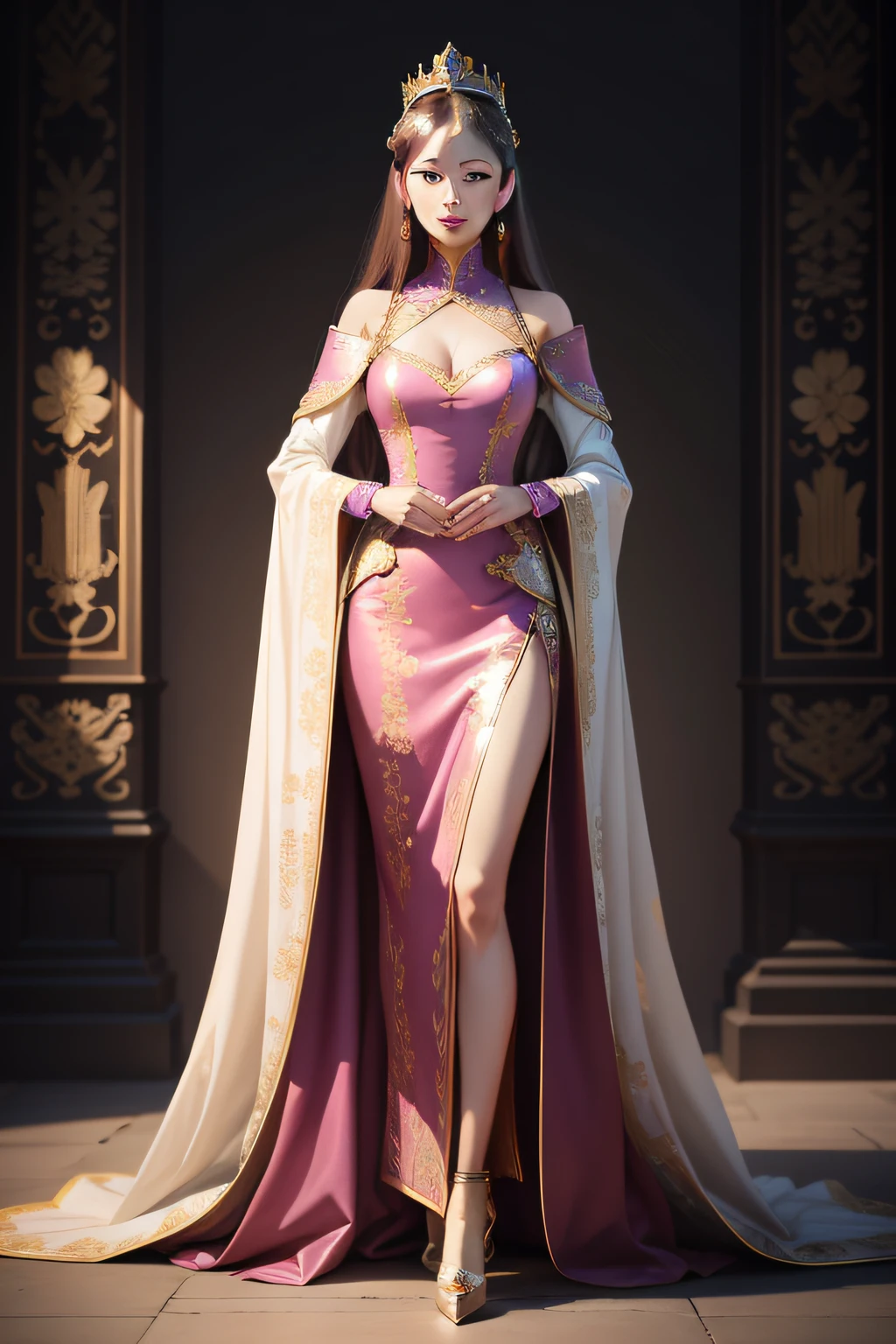 A pretty，Noble Queen，wearing fancy clothes ，Standing tall。The facial features are clear，Looking ahead with contempt，Wear unique noble high heels