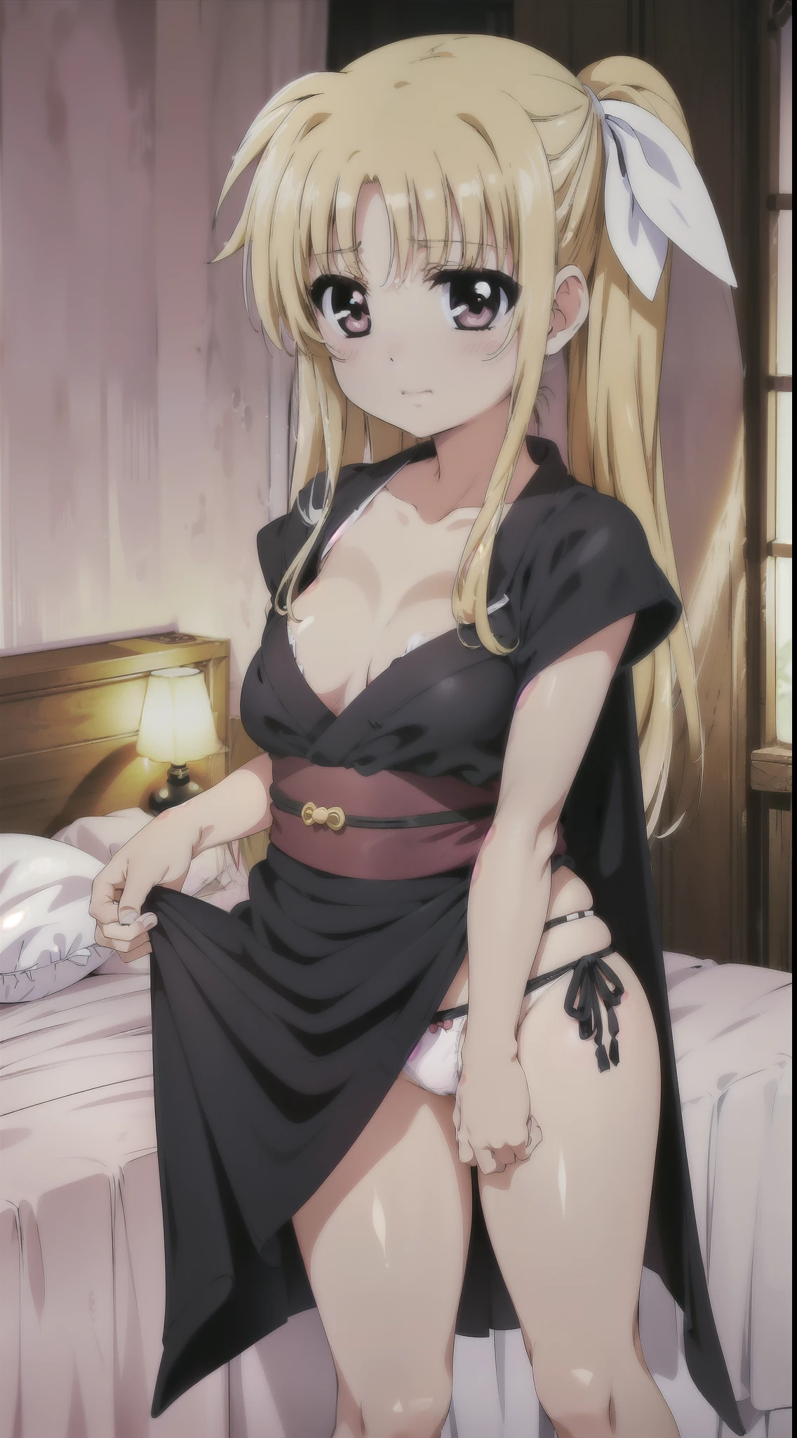 (((megami magazine))),(masterpiece)), ((top-quality)), (The ultra-detailliert), ((kawaii)), cute little, (Wonderful), ((ighly detailed)), 4K、 (8K), top-quality, (Beautiful fece),(((World-class quality))),(((blonde hair)))、 ighly detailed, hight resolution,独奏、(((1 persons))).(((1 female)))、(((20yr old)))、(((Adult look))),((composition seen from below))、(((Looking down here))).Embarrassed expression、((rounded body))、((Plump)).(((On the red bed)))、((Detailed crotch)).((large udder))、((detailed thigh))、((perspiring))、((Drooping liquid))、(((Breast milk out of the))),(((open one's legs))).(((Standing)))、(((Emphasis on the crotch)))、(((Crotch bite)))、(((White liquid between the breasts)))、(((Black yukata)))、(((Simple panties in pink color)))、((Putting out the chest))、(((Pretty small eyes))),((inside in room))、(((Straddle and pose on the screen)))、(((Close-up of the crotch)))、(((smil)))、(((Touching the crotch)))、
