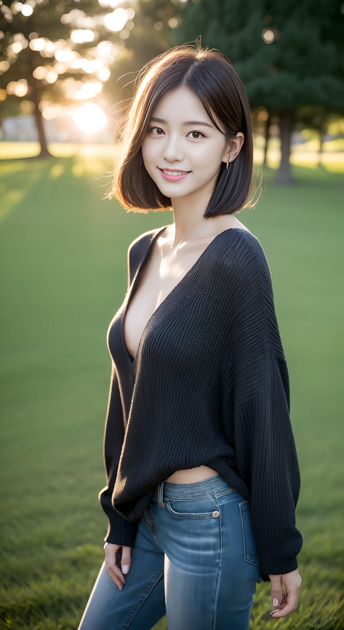(rain, grassy fields: 1.3), 1 beautiful woman taking pictures on the grass，RAW photos，tmasterpiece，（highdetailskin：1.2），8k ultra high definition，digital SLR camera，gentlesoftlighting，high high quality，filmgrain，富士XT3，20 years old Asian woman，Dark gray skinny sweater（Slim，Fit snugly to the body，Show beautiful curves）and trendy jeans with open navels，Detailed clothing details:1.5，perfect body figure，Perfect breasts and nipple bulge，The calves are straight and slender，（（Branded fashion travel shoes:1.5）），Melon seed face，short detailed hair，Super detailed facial details and skin，Fair face and fair skin，二重まぶた，Super detailed eyes，A sweet smile，Beautiful accessories，(Gloss on lips, eyeslashes, Glossy face, Best quality, Super high resolution, warm color，Wide lighting, naturalshadow), Kneel on the grass and play，Pose coquettishly，Show off your sexy figure， Full body shooting: 1.8