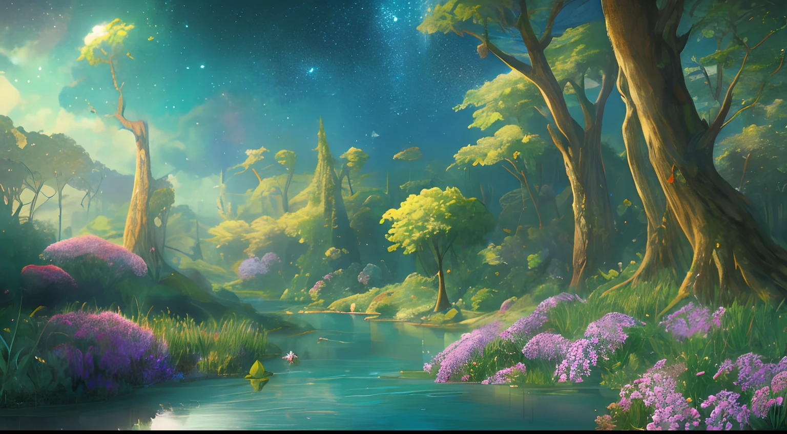 A surrealist one、Otherworldly、Illustration of the super sky scene,Including a huge crystal tree all over the body、Very detailed and magical lighting、Intricate forest details、Vegetation and surrounding rivers、Solar punk、scenecy、giant tree、Beautiful green leaves、Beautiful lighting and realistic proportions,As if it were a movie backdrop,8k,HighestQuali,tmasterpiece,Clouds and stars in the sky,Lotus flowers in the water